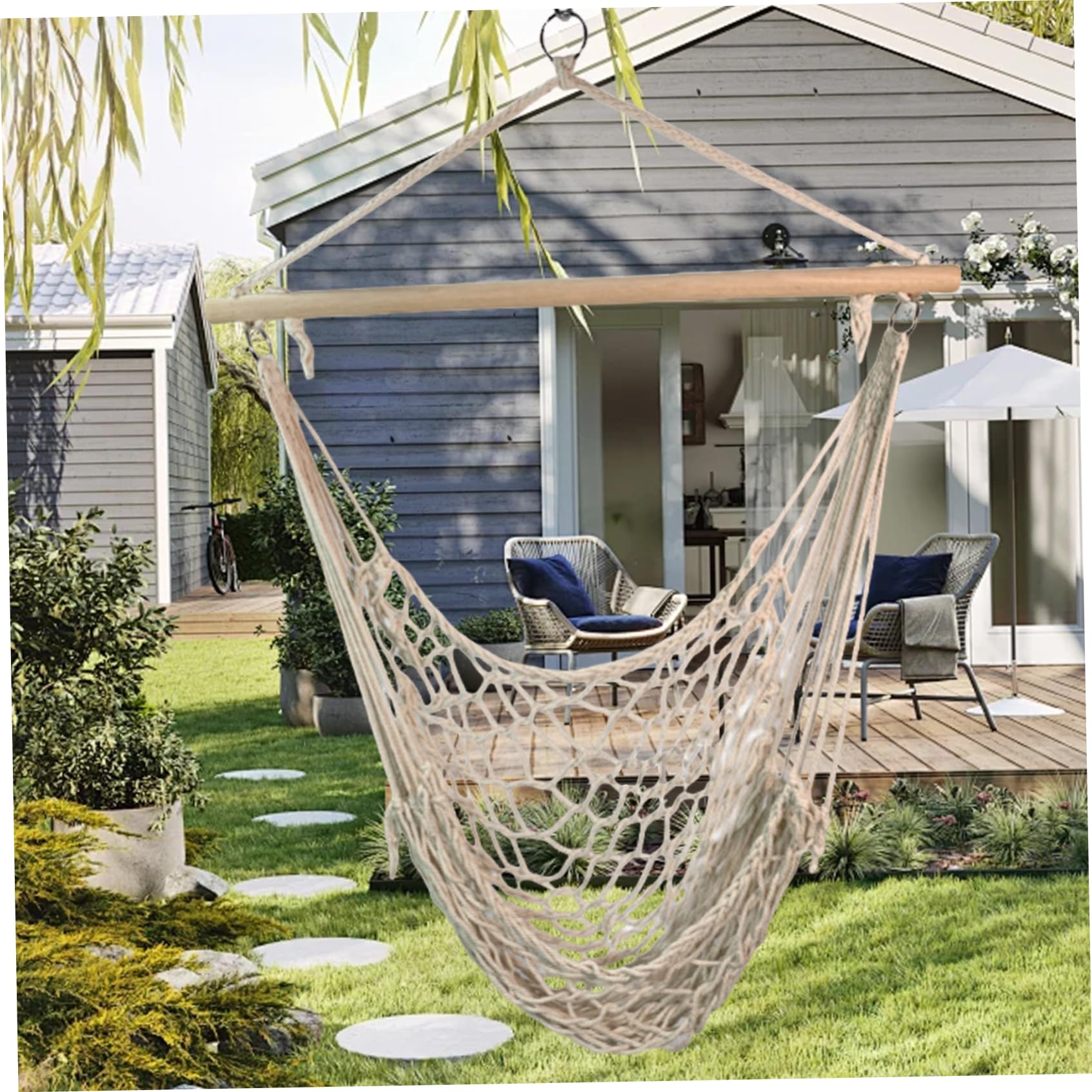 Sedia amaca con nappe, sedia a dondolo in corda di cotone beige per uso interno ed esterno, perfetta per camera da letto, patio, portico, giardino, cortile e spiaggia &1