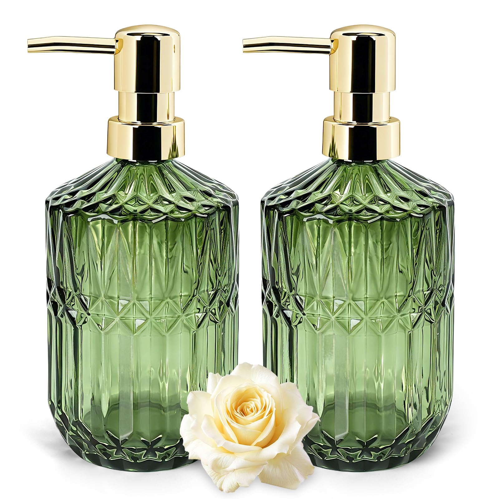 2 Pack Green Glass Soap Dispenser, 400ml Thickened Non-Slip Refillable
