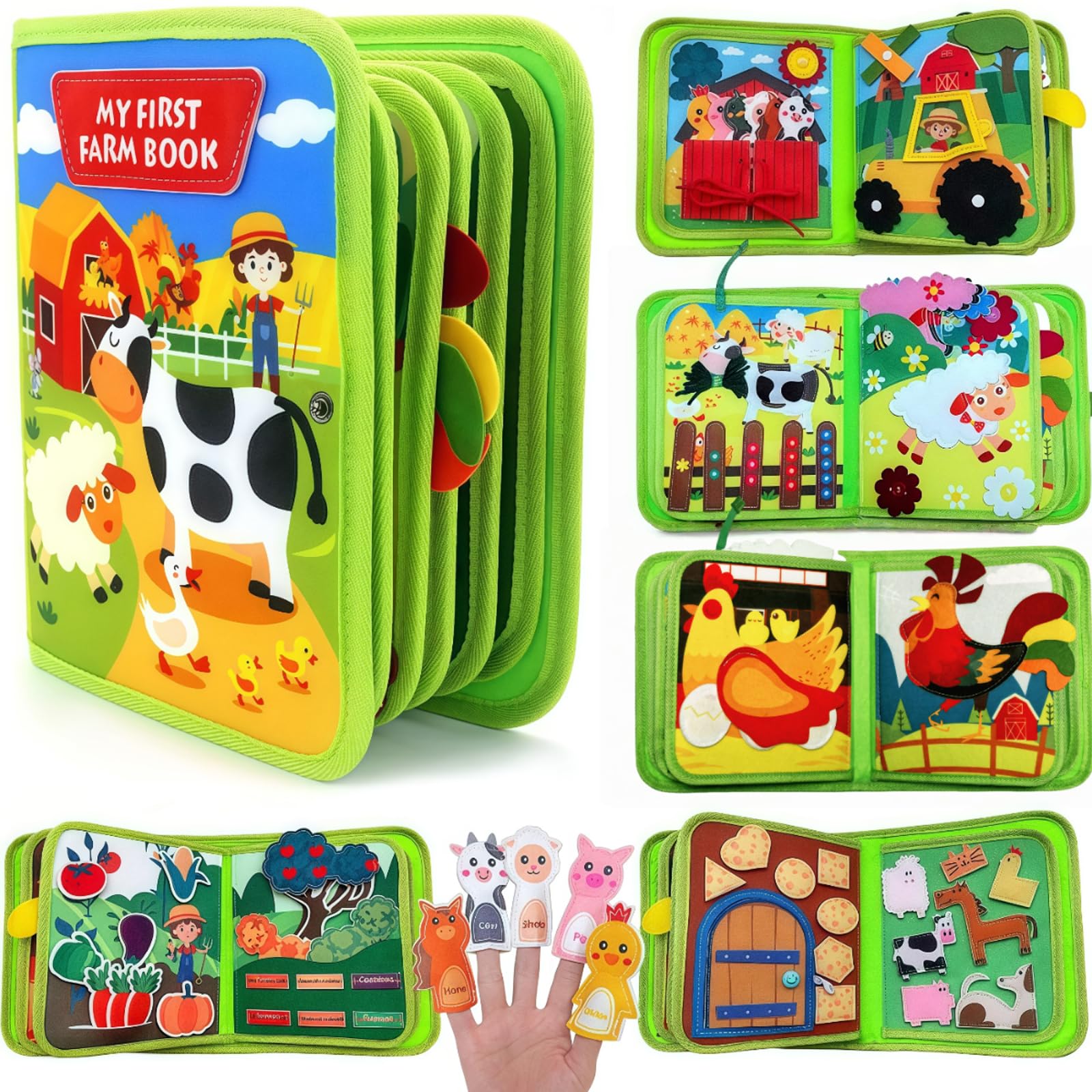 Busy Book for Toddlers 1-3 Years Old, Montessori Sensory Toys for 1+ Year Old Boys & Girls Farm Animal Travel Toys for Plane & Car Educational Learning Activities for Fine Motor Skills (Green)