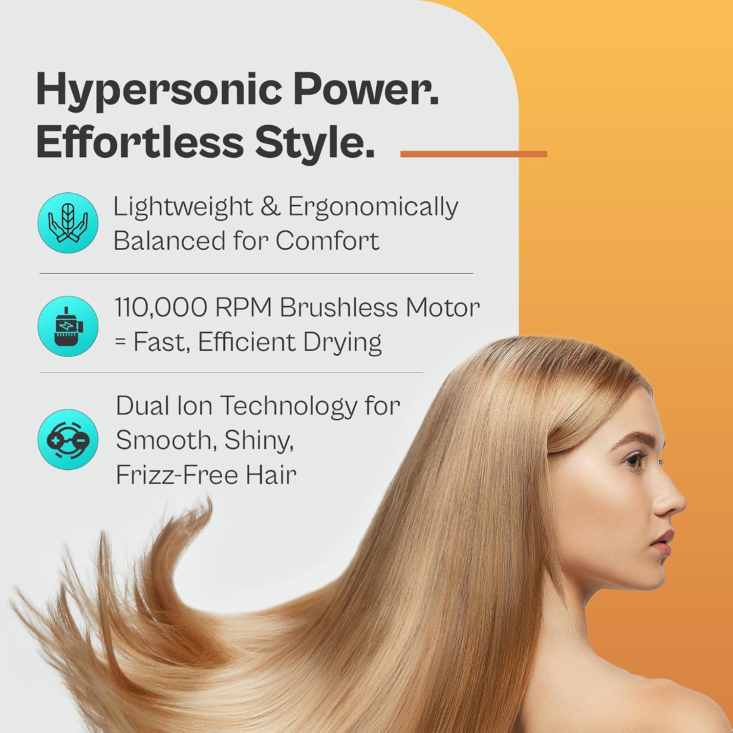 AMP Hypersonic Hair Dryer – Professional, Lightweight & Travel-Friendly Ionic Blow Dryer with Dual Ion Generator & Brushless Motor for Smooth, Frizz-Free Shine, Fast Drying for All Hair Types, by O2.