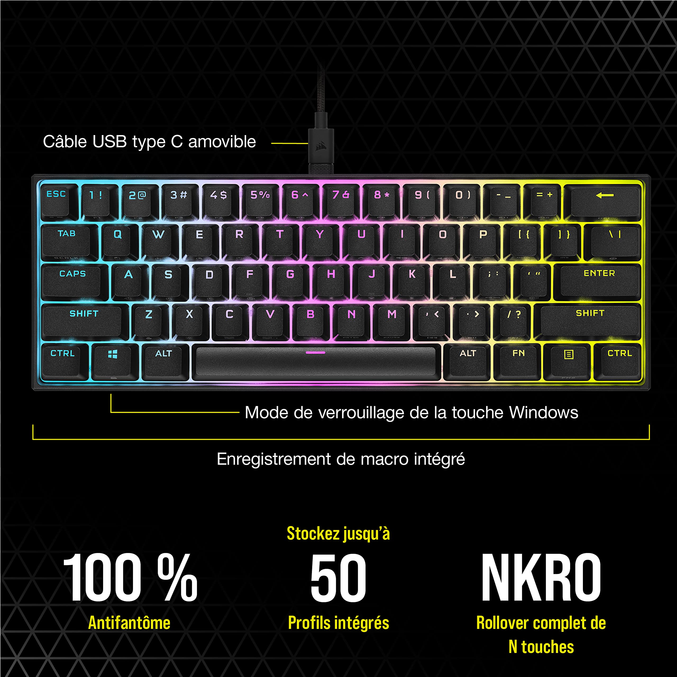 Corsair K65 RGB MINI 60 pour cent Clavier Gaming (Rétroéclairage RGB Par Touche Personnalisable, Switchs Mécaniques CHERRY MX Red, Touches À Double Injection PBT, Technologie AXON) AZERTY, Noir