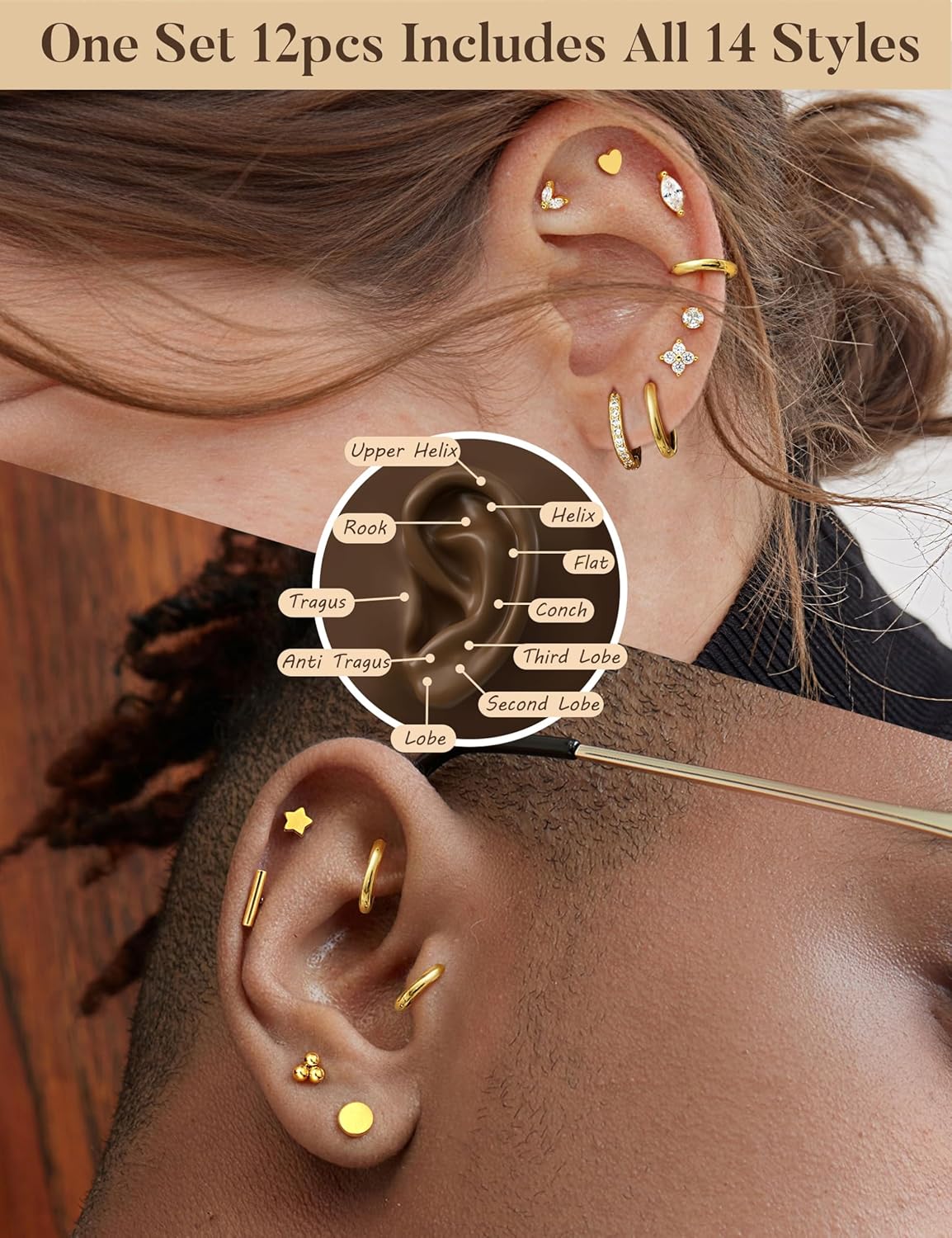 JeryWe 12Pairs Flat Back Earrings Surgical Steel Earrings for Sensitive Ears Dainty 14K Gold Plated Flat Back Stud Earring Set Hypoallergenic - Image 5