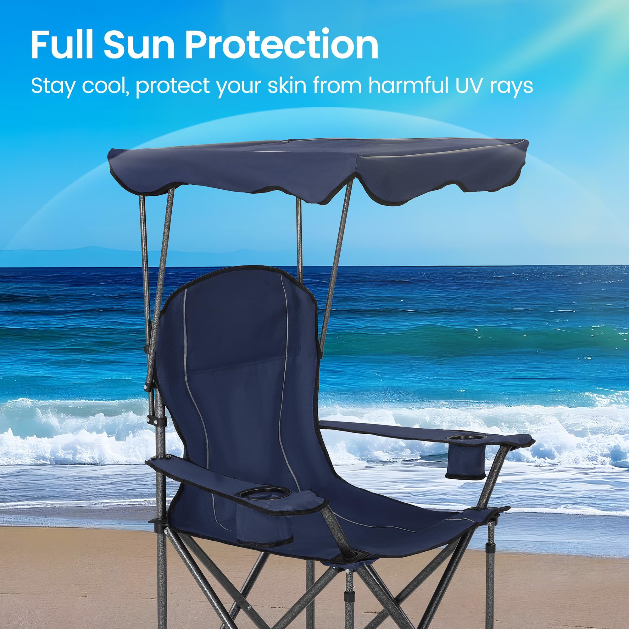 HIGH POINT SPORTS Camping Chairs with Shade, Foldable Canopy Chair, Folding Camping Shade Chair for Outdoor, Camping, Patio, Support 350 LBS, Navy