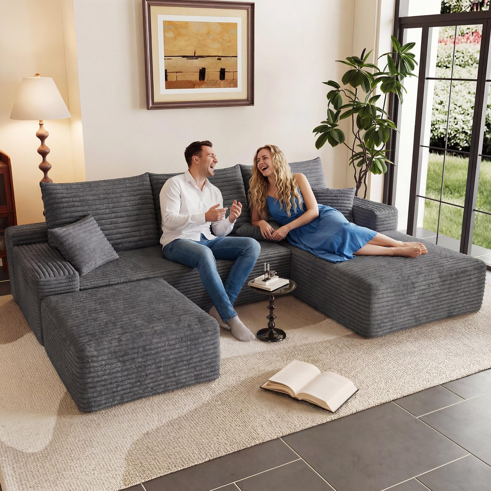 95" U-Shape Cloud Couch, Modern Modular Sectional L-Shape Sofa with Ottoman, Corduroy Upholstered Couches Deep Seat Sleeper Chaise Longue for Living Room, No Assembly Required(Dark Gray, Right Facing)
