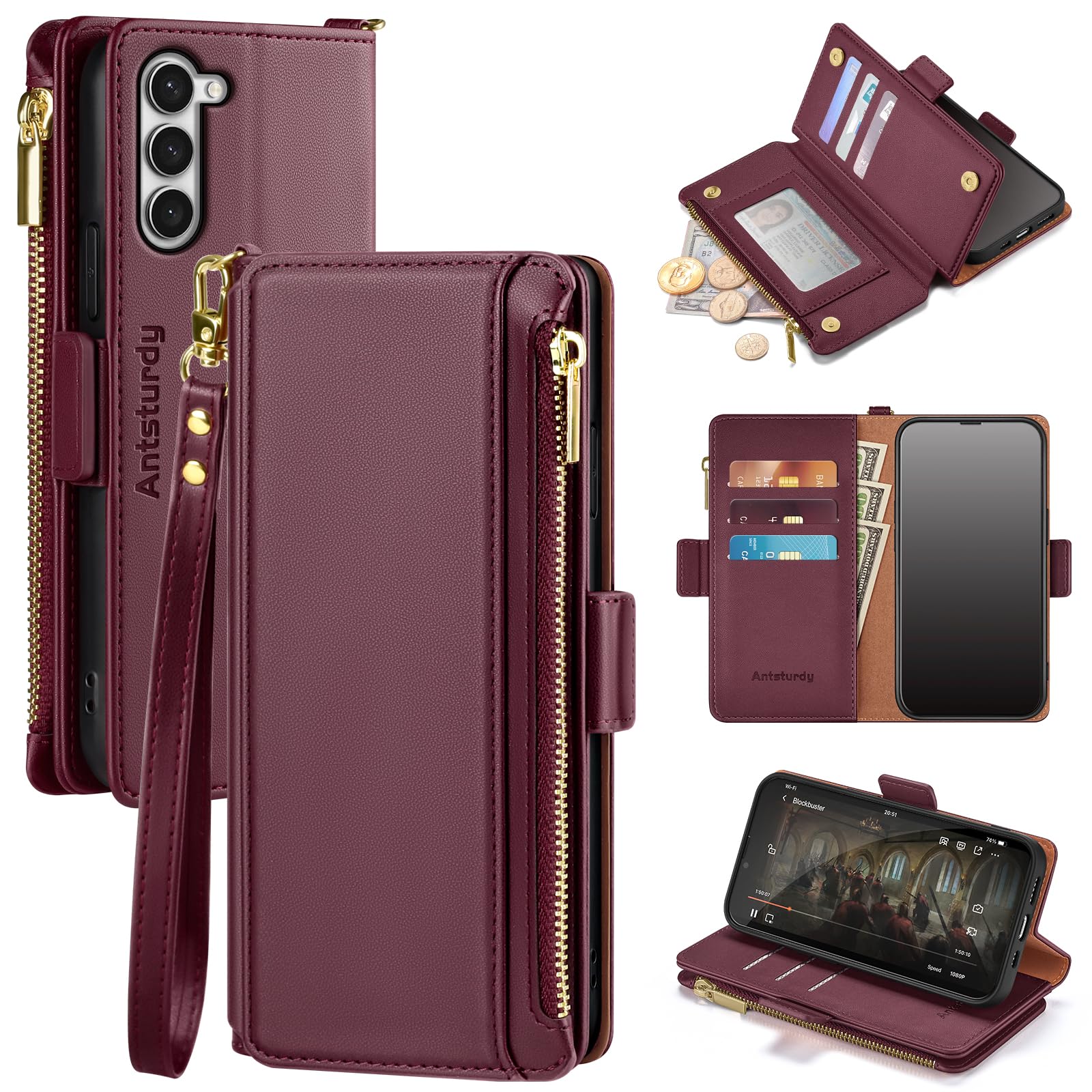 Antsturdy Compatible with Samsung Galaxy S23 Wallet case with Card Holder for Women Men RFID Blocking Phone case PU Leather Flip Folio Shockproof