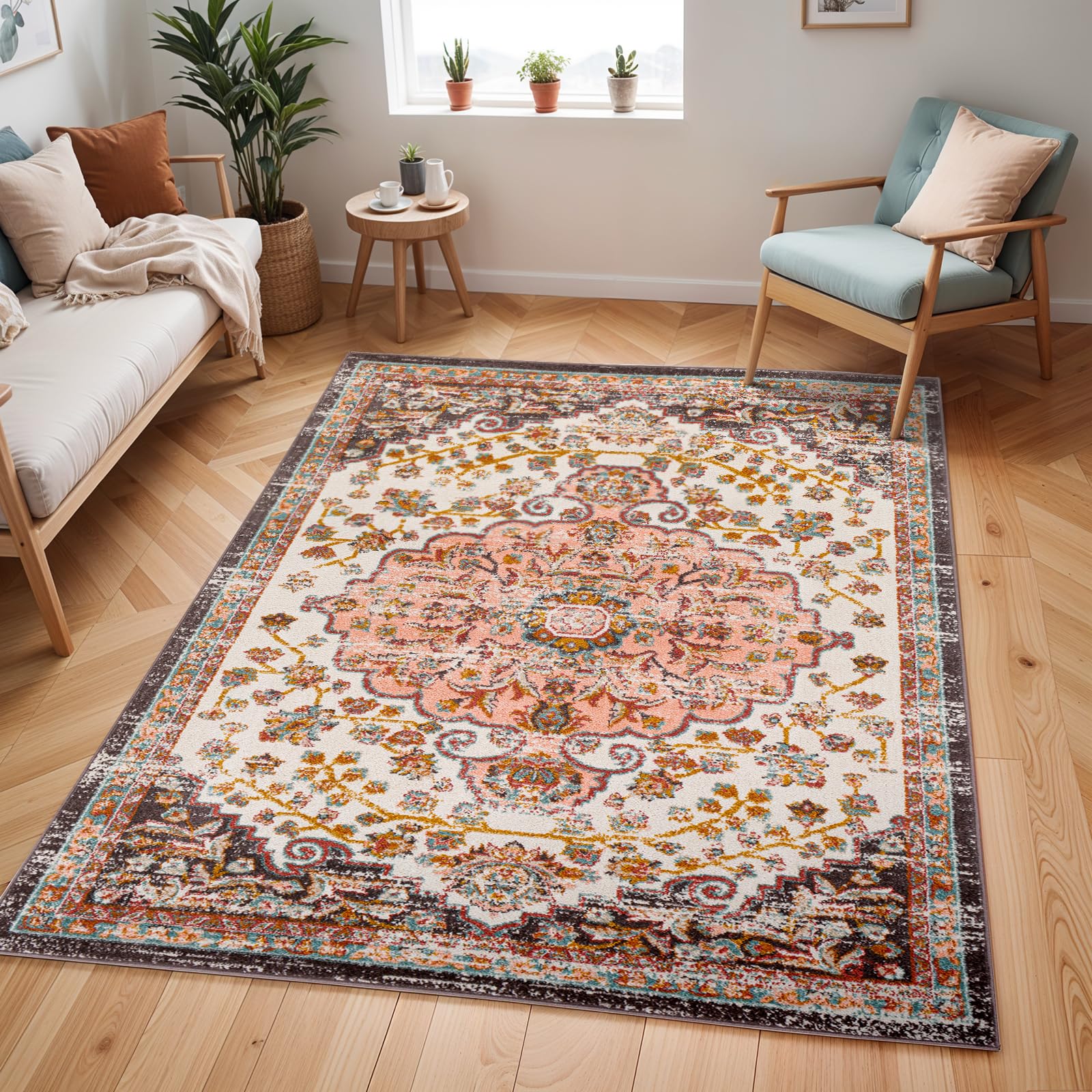 Livabliss Celia Bray Vintage Design – Living Room Bedroom 140x200 cm, Scandi Neutral Look, Traditional Patterned Boho Style, Natural Easy Care Pile, Brick Red White
