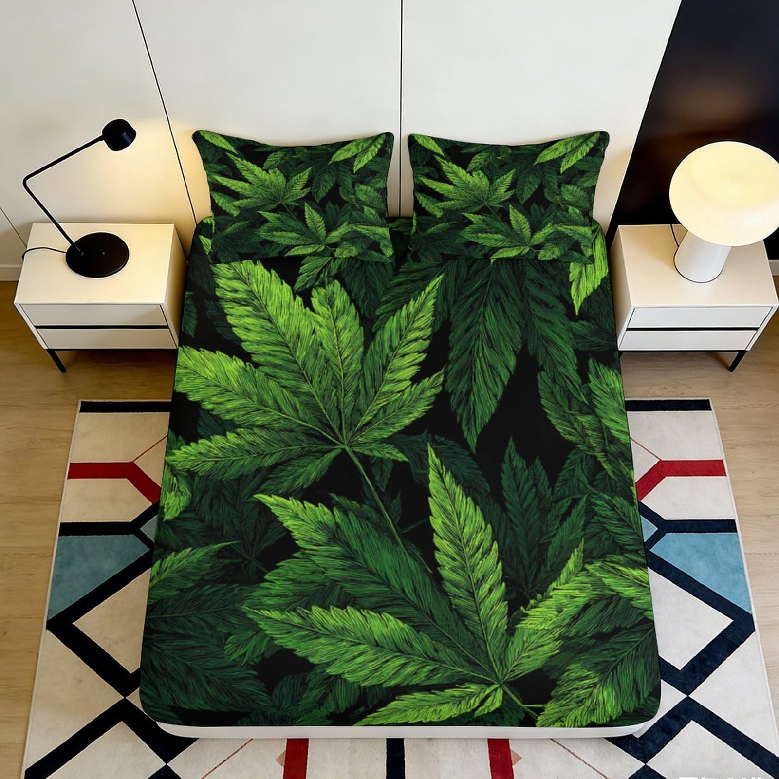 3D Printed Cannabis Leaf Fitted Sheet Microfiber Soft Breathable Green Leaf Bed Cover for Bedroom Dormitory Guest Room Mattress Protection Decor 90x200x25cm