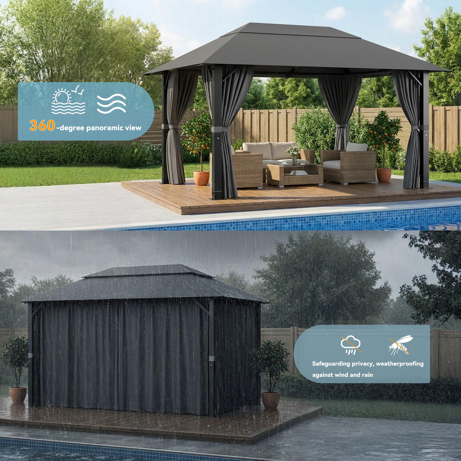 JUMMICO Tonnelle 3x4 Imperméable en Aluminium Résistante au Vent et aux UV avec Rideaux Idéale pour Jardin et Terrasse Structure Robuste et Durable Protection Efficace Contre Mauvais Temps