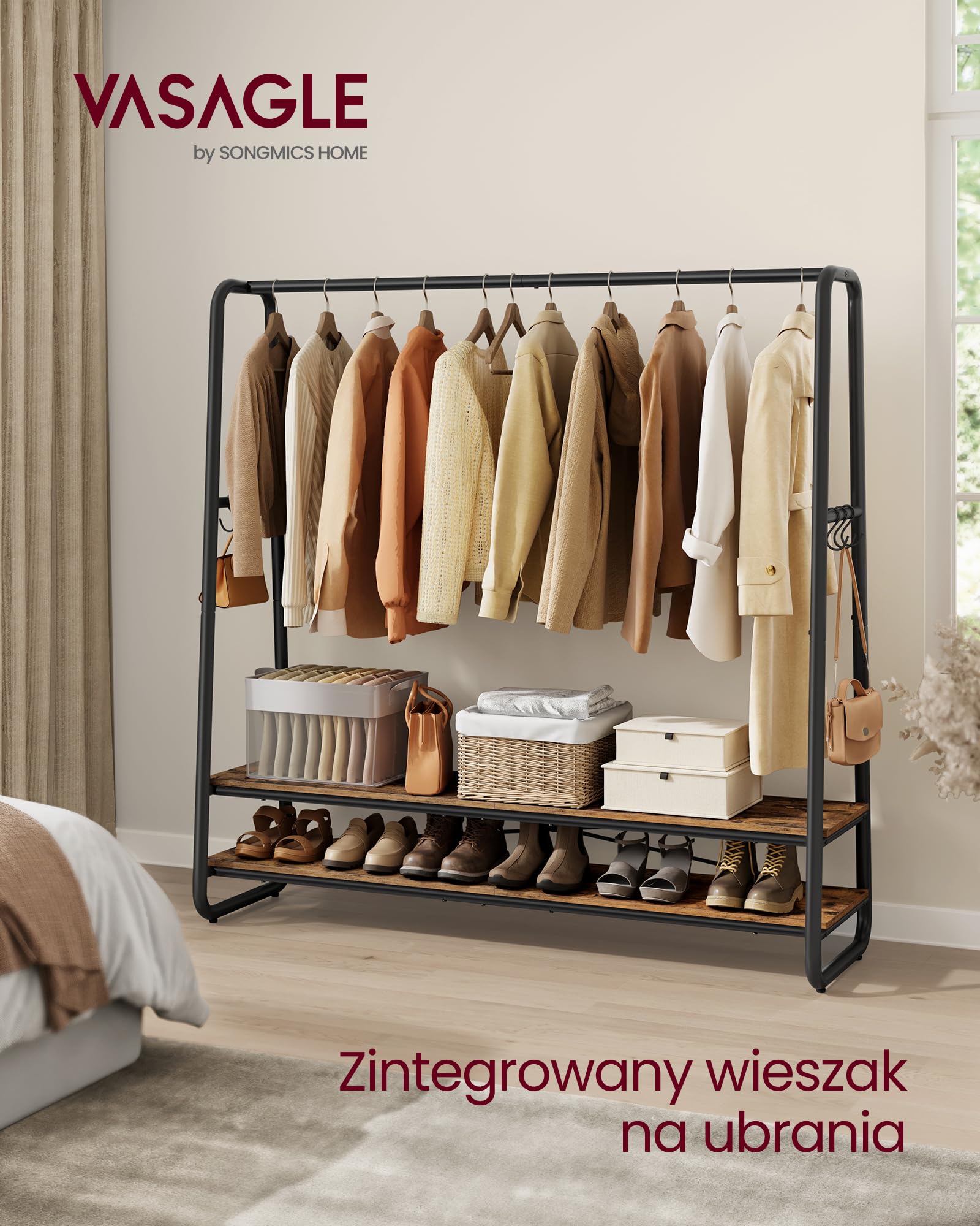 VASAGLE Wieszak na ubrania, szafa, 2 półki, 6 haczyków w kształcie litery S, rama stalowa, 45 x 138 x 160 cm, do sypialni, przedpokoju, wejścia, brązowo-czarny vintage RGR119B01
