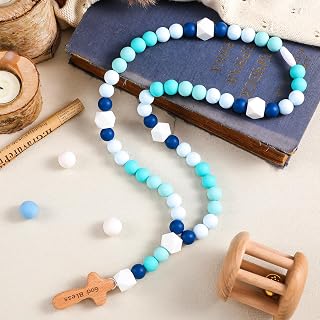 Baby Rosary Baptism Gift Silicone God Bless Kids First Rosary with Cross 1st Year Baptism Party Supply for Baby Shower Christian Communion Gifts(Lake Blue,Square)