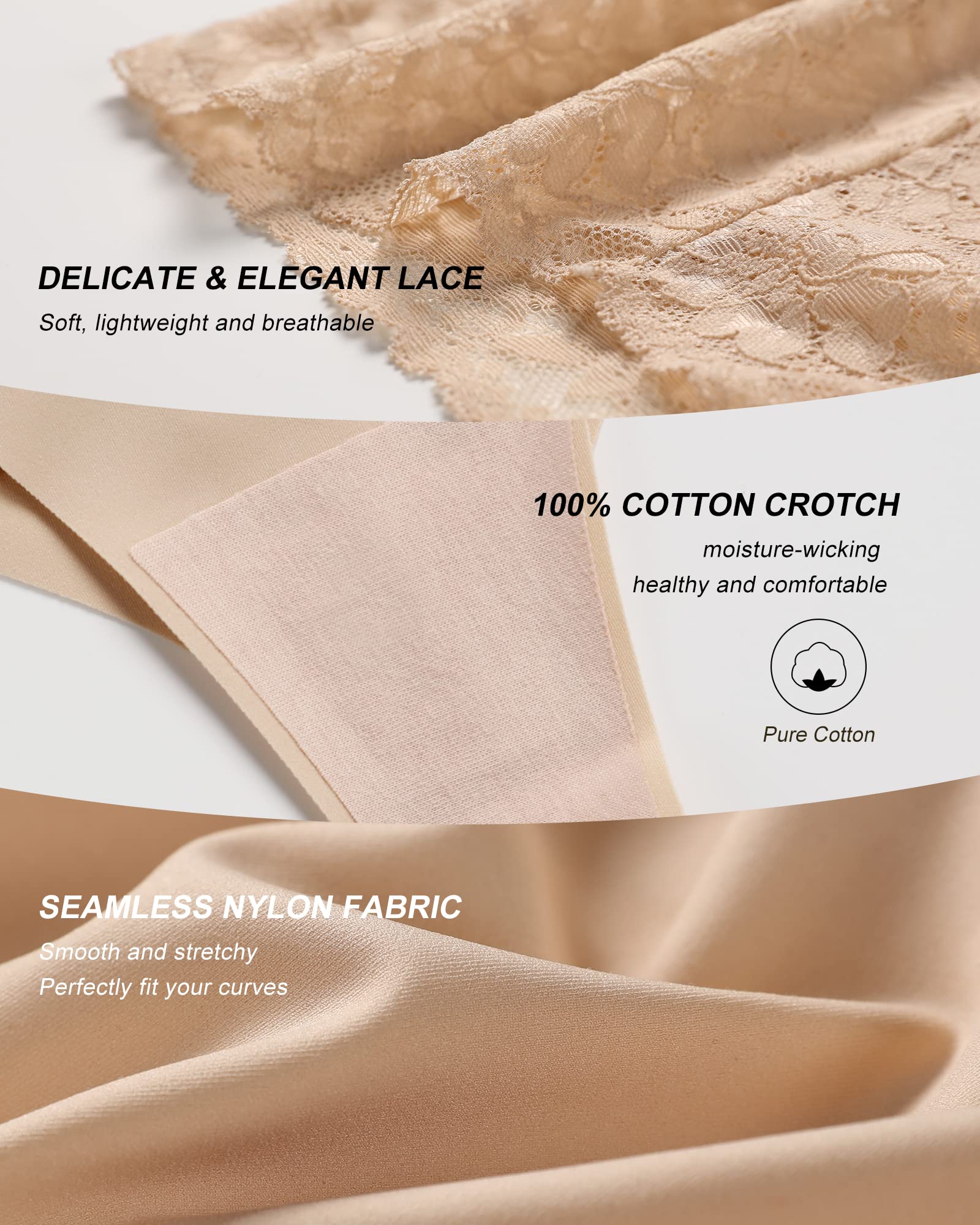 SHARICCA Women Seamless High Waist Underwear Sexy Floral Lace Thong Soft Comfortable Panties Pack: Large 2black 2white 1skin