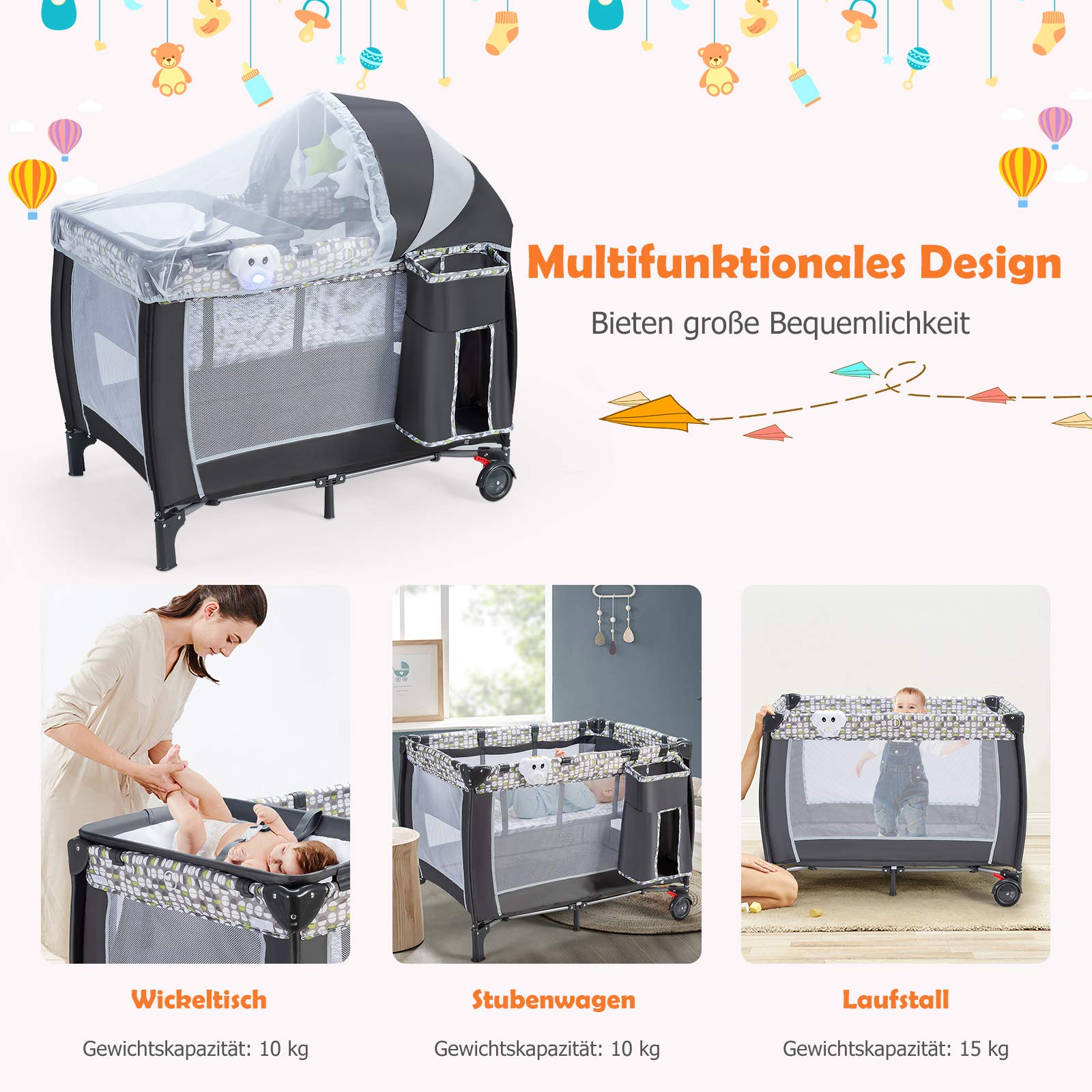 COSTWAY 3 in 1 klappbares Reisebett & Wickeltisch & Laufstall mit abnehmbarem und verstellbarem Moskitonetz, inkl. Spieluhr, Spielbogen, Wickelauflage, Matratze, Windel Organizer und Tragetasche
