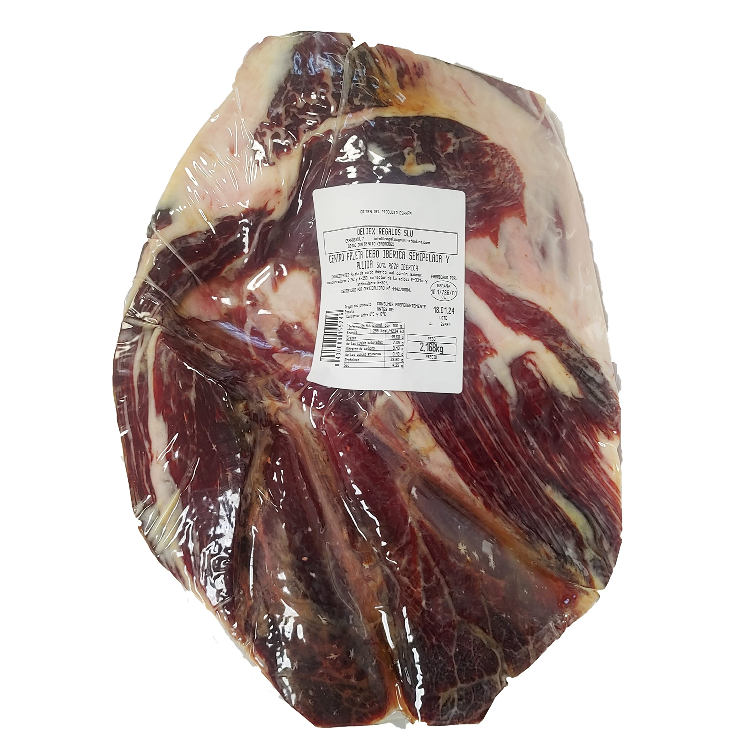 Deliex delicias de Extremadura. Centro de Paleta Ibérica 50% deshuesada y pulida. Envasada al vacío. Paleta Ibérica sin hueso origen España.