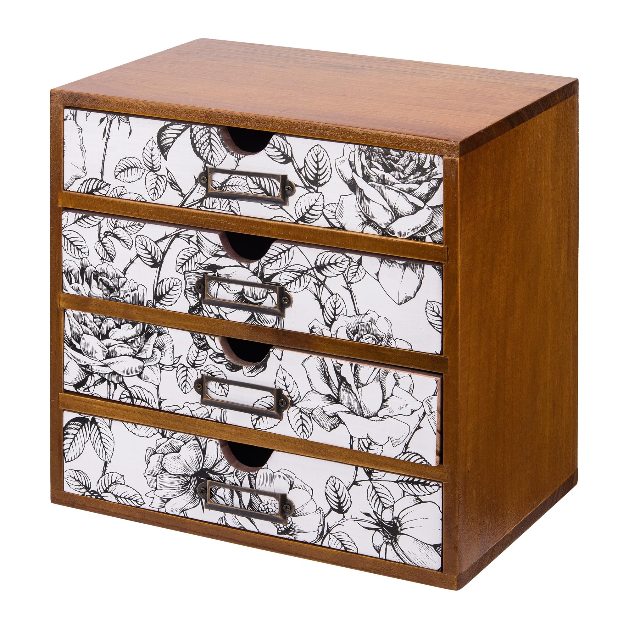 Vintage Desk Organizer with 4 Black & White Floral Drawers - Wooden Storage Shelf Drawer for Tabletop - Wood Desktop Organizing Box Cabinet - Black &