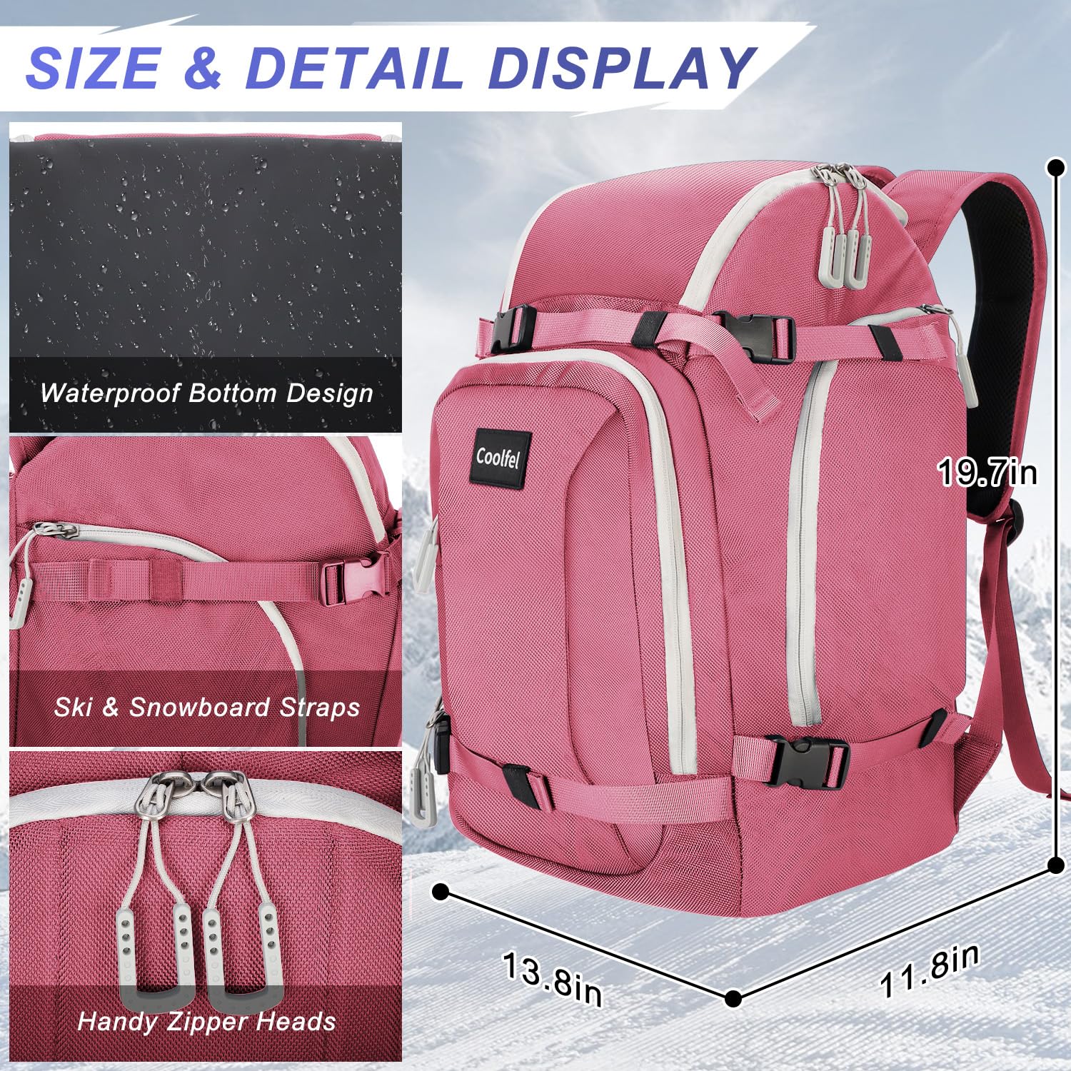 Coolfel Borsa per Scarponi da Sci con Scomparto per Casco, 50L Zaino da Sci Snowboard Pattini a Rotelle, Borsa da Sci Impermeabile per Casco, Giacca, Occhiali, Guanti