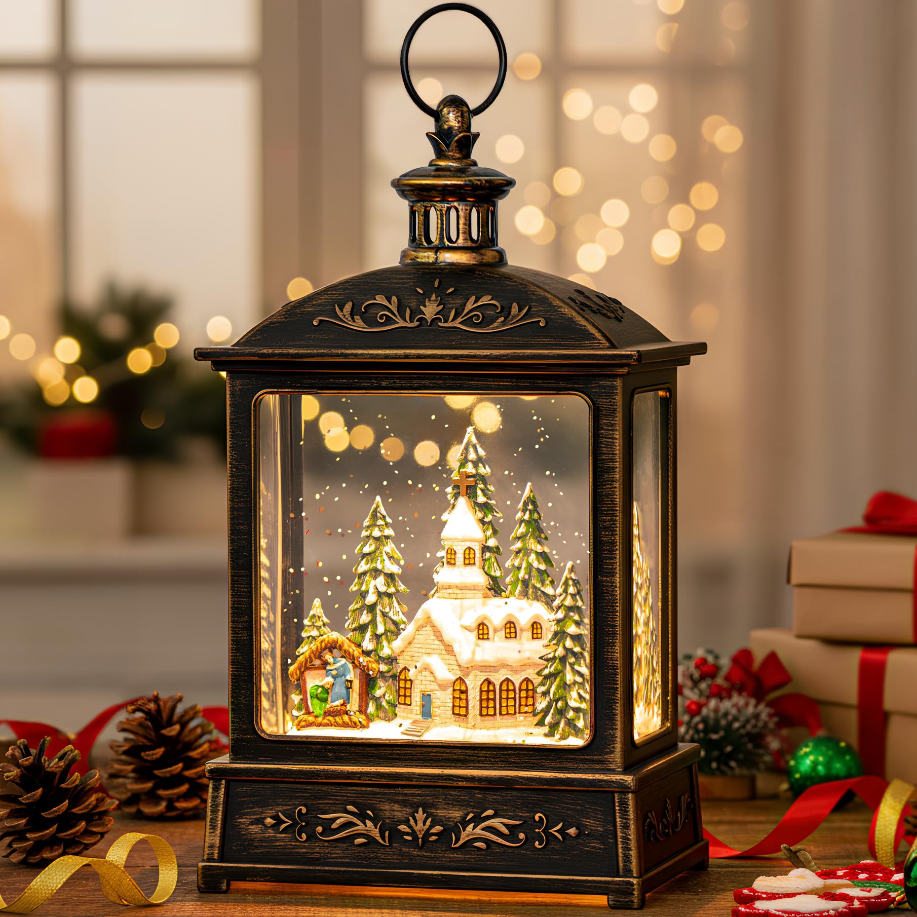 Qualdout Christmas Snow Globe Lantern Water Glittering Churche &amp; Manger Scene with Music &amp; Timer, USB Lined/Battery Operated Lighted Lantern for Christmas Festival Decoration Gifts