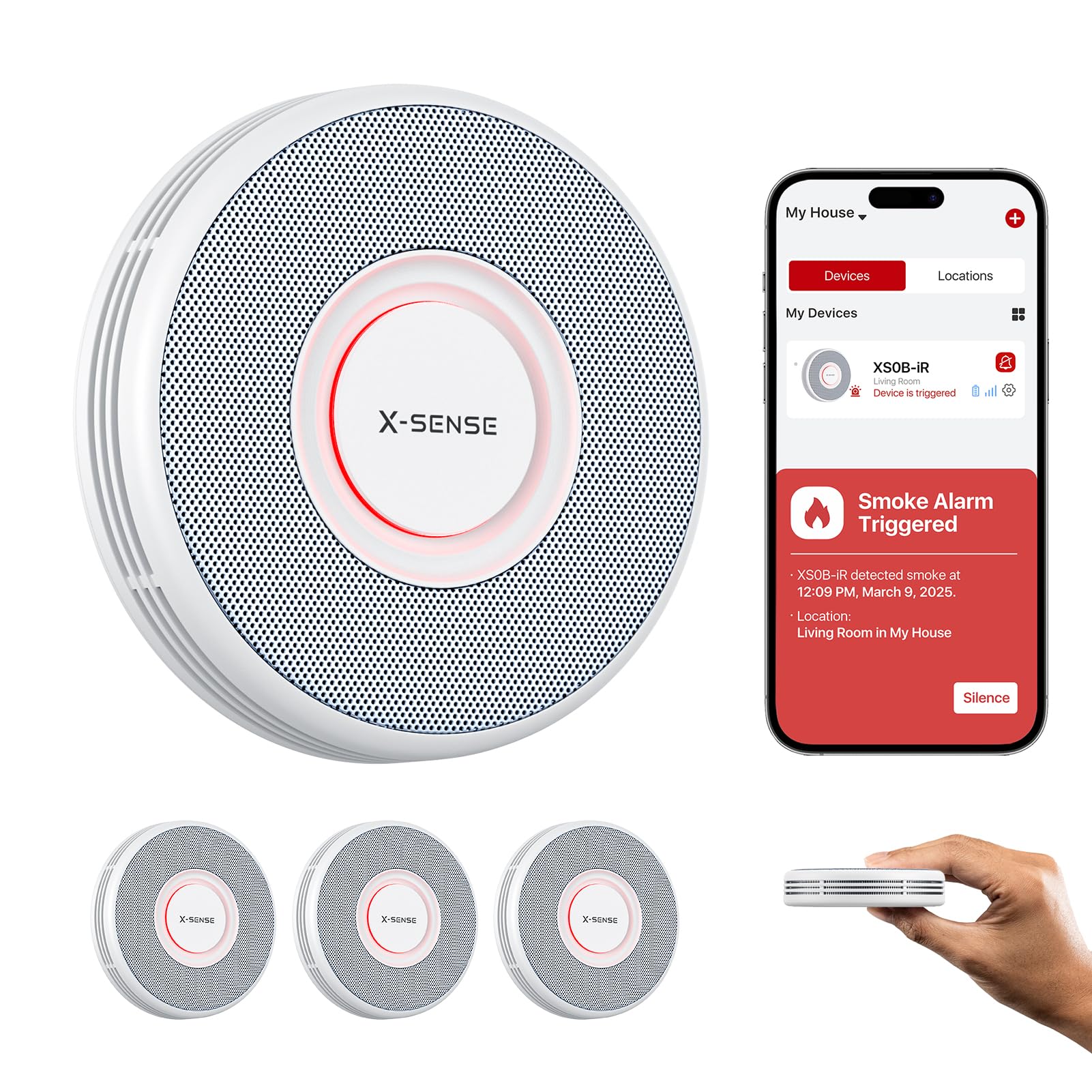 X-Sense X-Sense Smart Wi-Fi Smoke Alarm with Voice Alerts and 17 Locations, Fire Alarm, 1.3 in (33 mm) Thick, XS0B-iR, 3-Pack