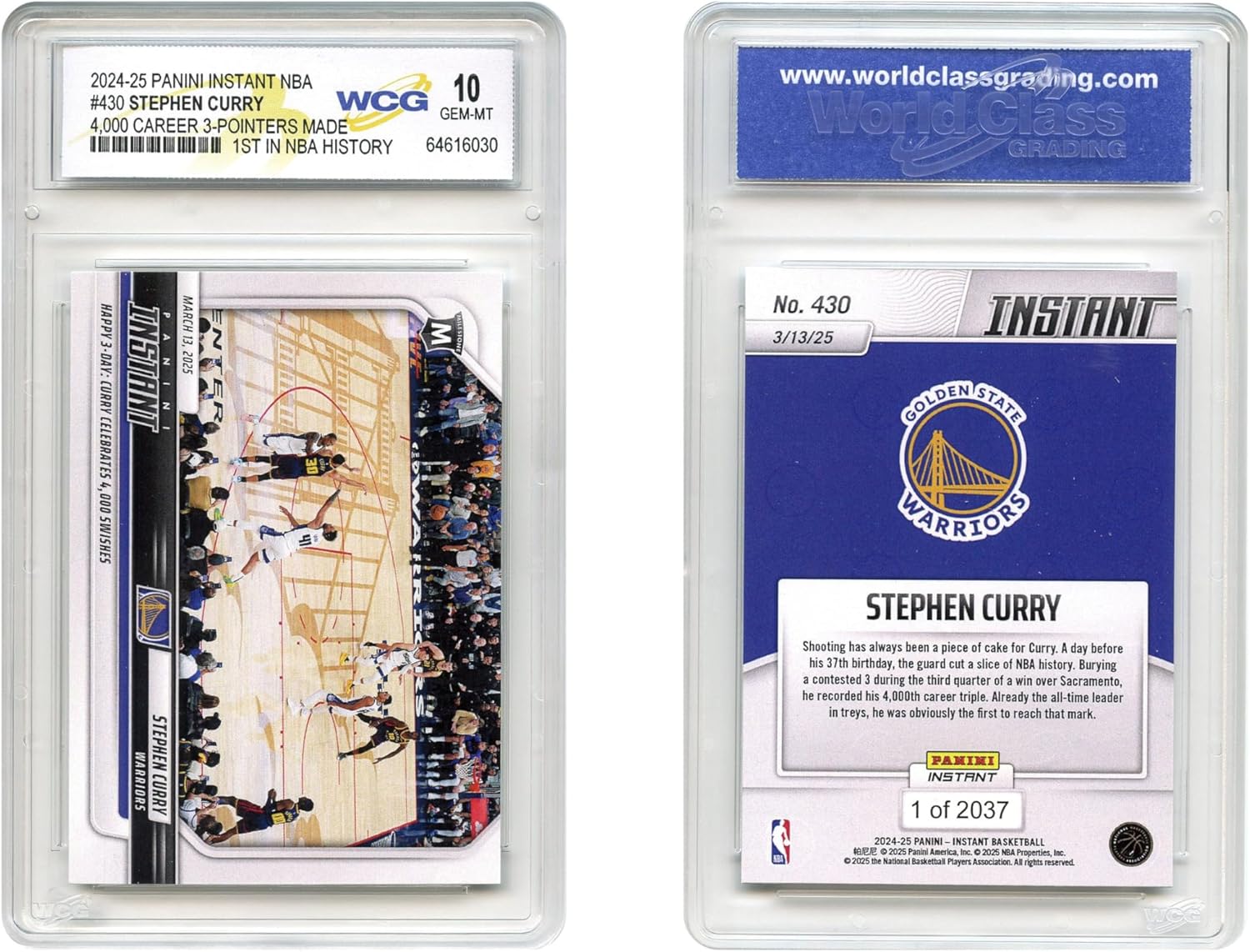 2025 NBA Panini Steph Curry 1st Ever 4,000 3-Pointers Made Card #430 Golden State Warriors - Graded GEM Mint 10