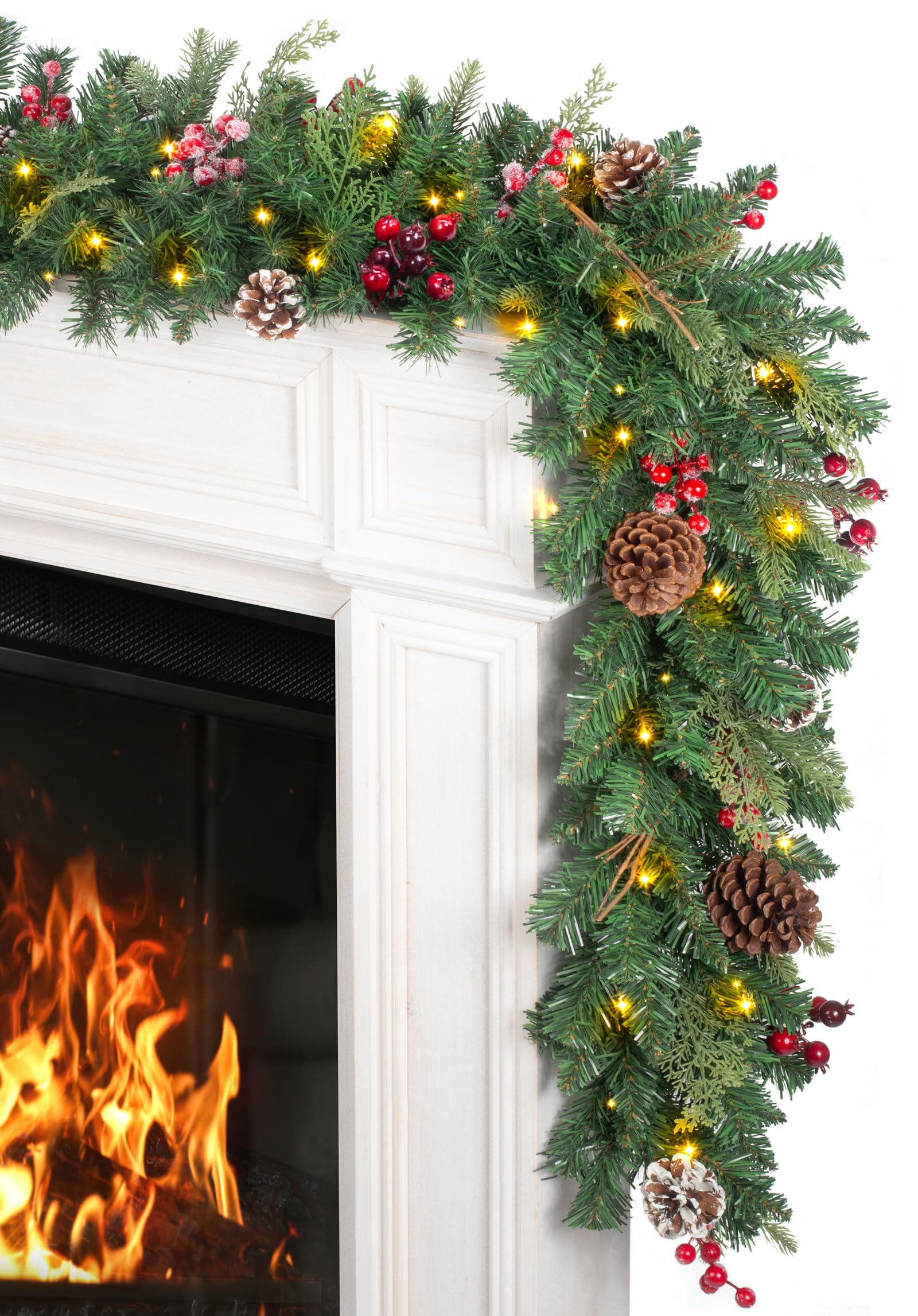 LAVEVE Pre-lit Christmas Garland 9 FT, Battery Operated 100 Lights Garland with Cedar Cones and Gradient Red Berries, Outdoor Indoor Christmas Decorations for Mantle, Stairs, Front Porch