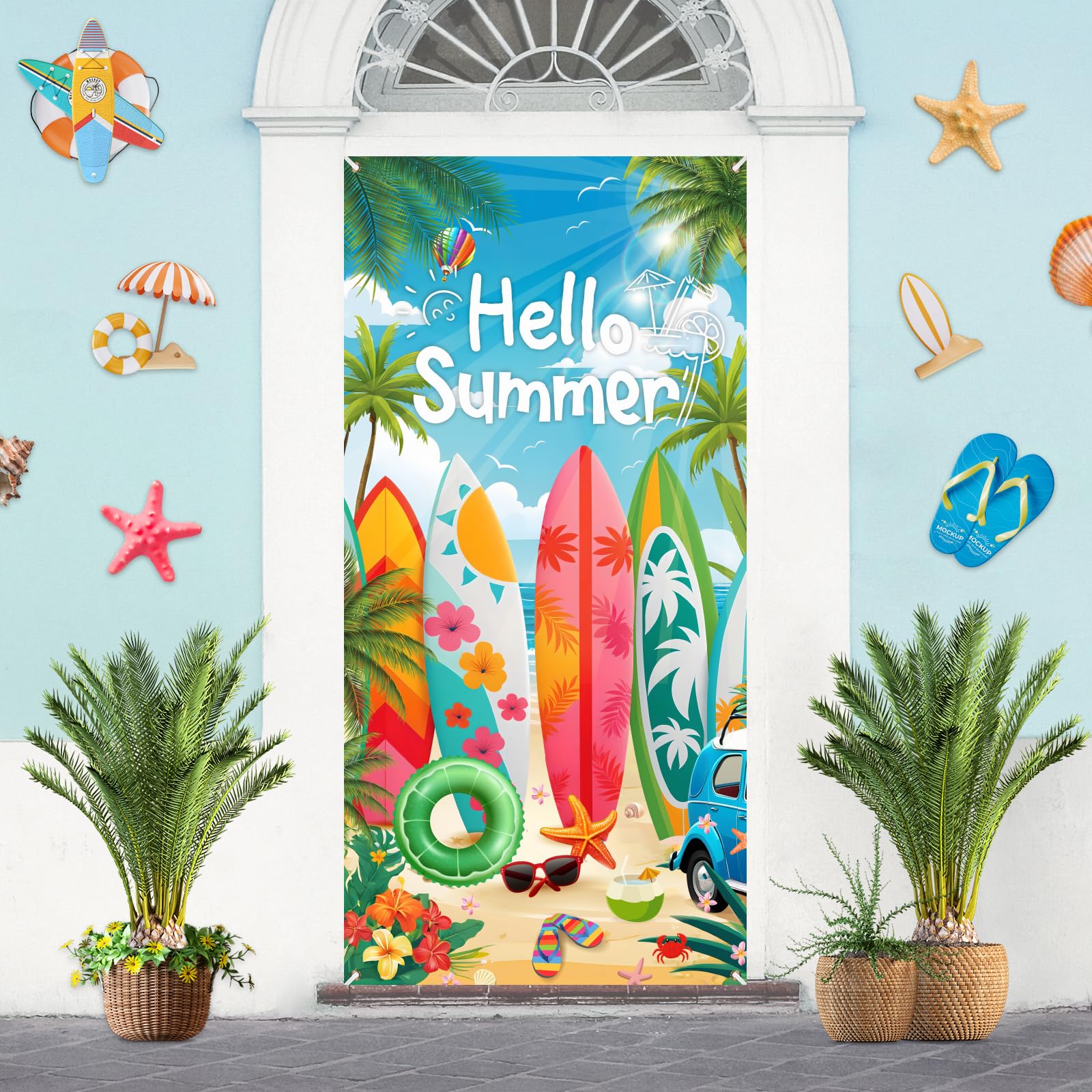 Hello Summer Türabdeckung 180 X 89 Cm – Strand-Design Mit Vintage-Van, Für Sommer-Partys & Deko