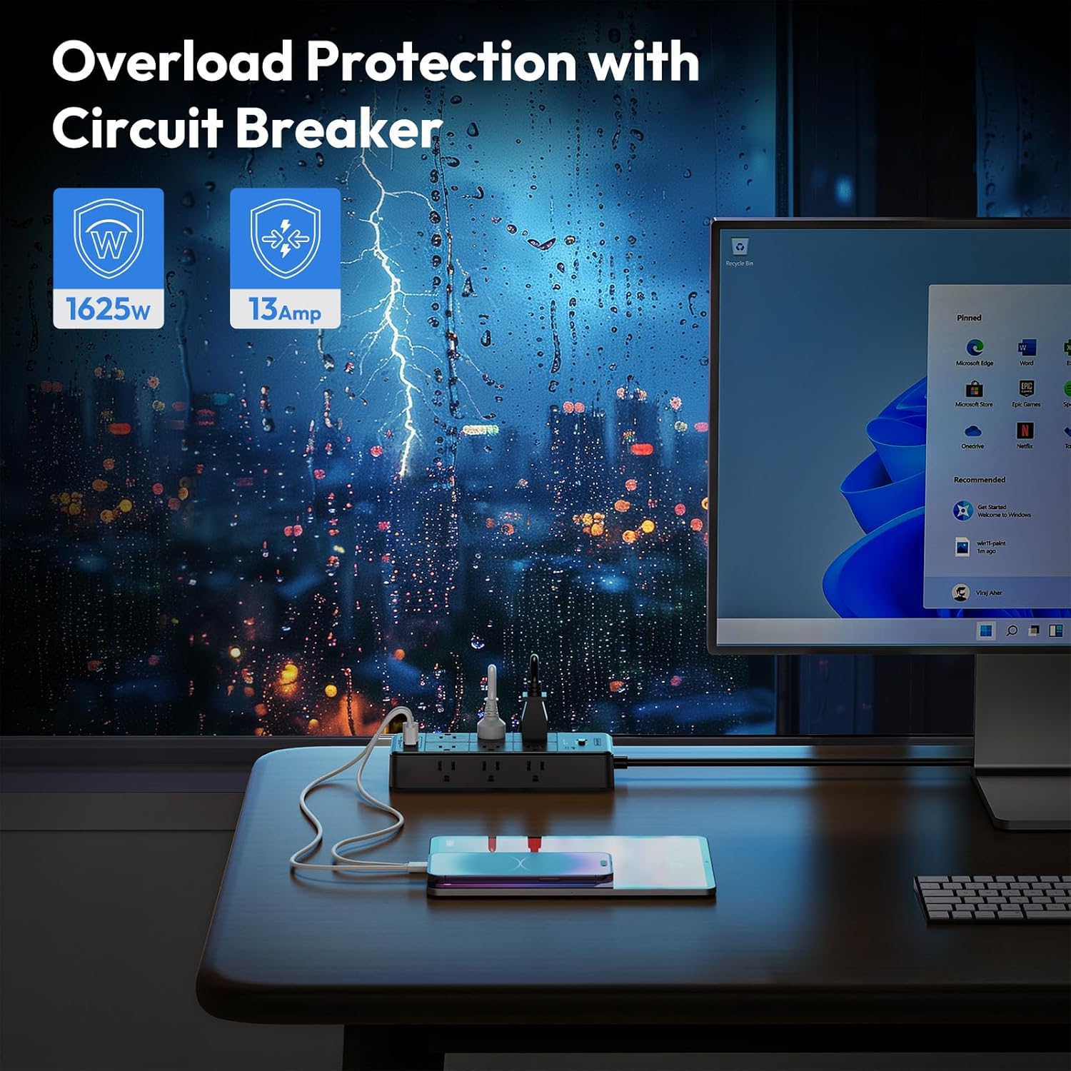 NTONPOWER Long Cord Power Strip, 25 FT Extension Cord with 12 Outlets & 4 USB Ports (2 USB C), 3 Side Multiple Outlet Extender, Wall Mounted for Home Office