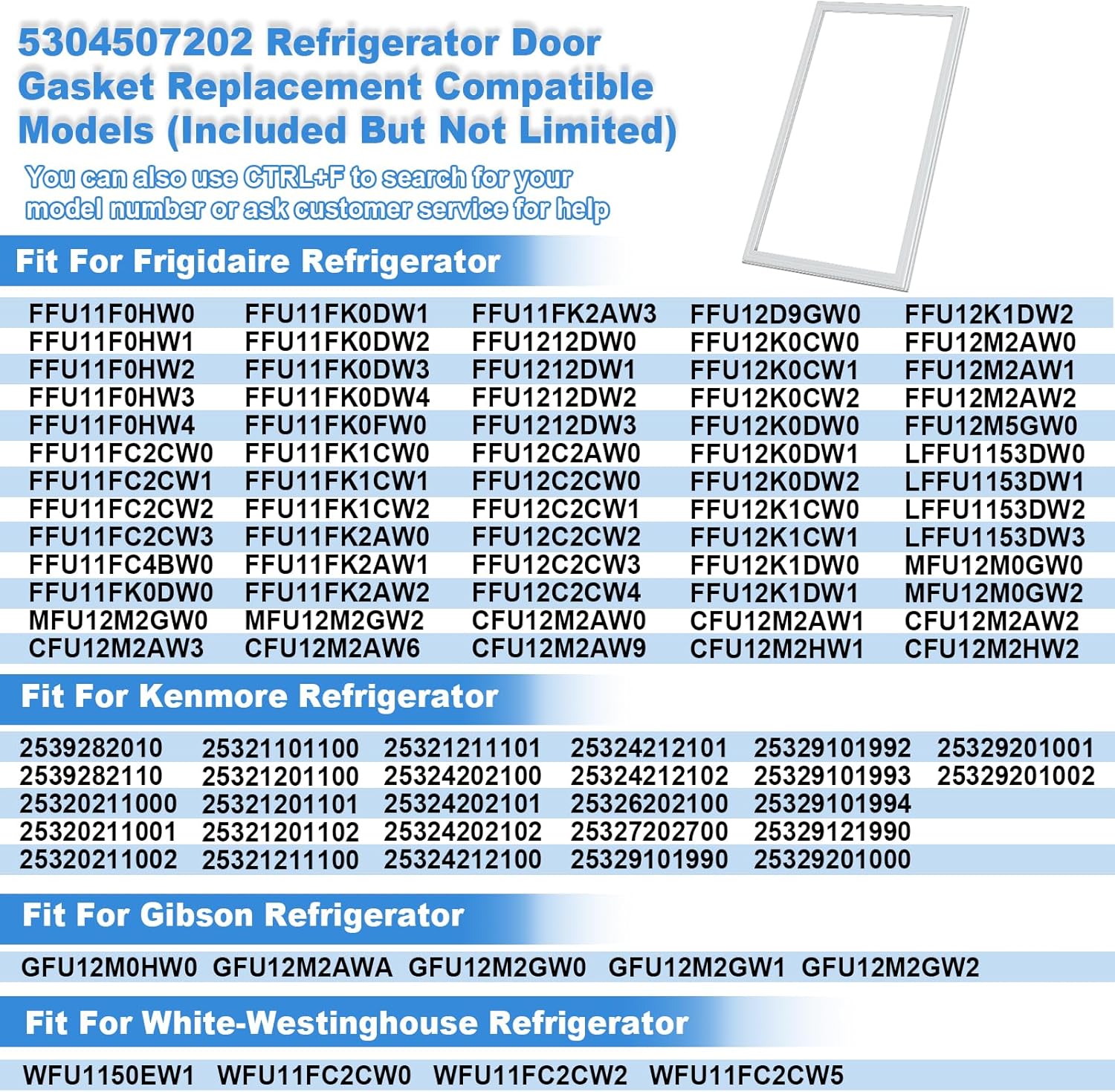Upgraded 5304507202 Freezer Door Gasket Compatible With Frigidaire Kenmore Gibson Crosley White-Westinghouse Refrigerator Seal, Replaces 216522303 AP6037542 PS11770646, 49.21 x 26.92"
