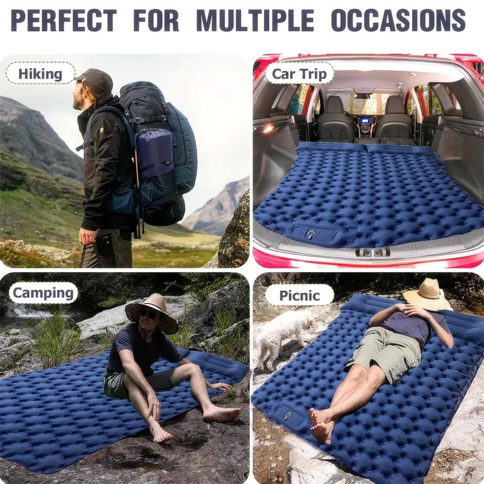 Matelas de couchage autogonflant pour le camping, la plage, avec pompe à air à pédale et coussin intégré, convient pour la randonnée en plein air, matelas pour 2 personnes 196 x 125 cm
