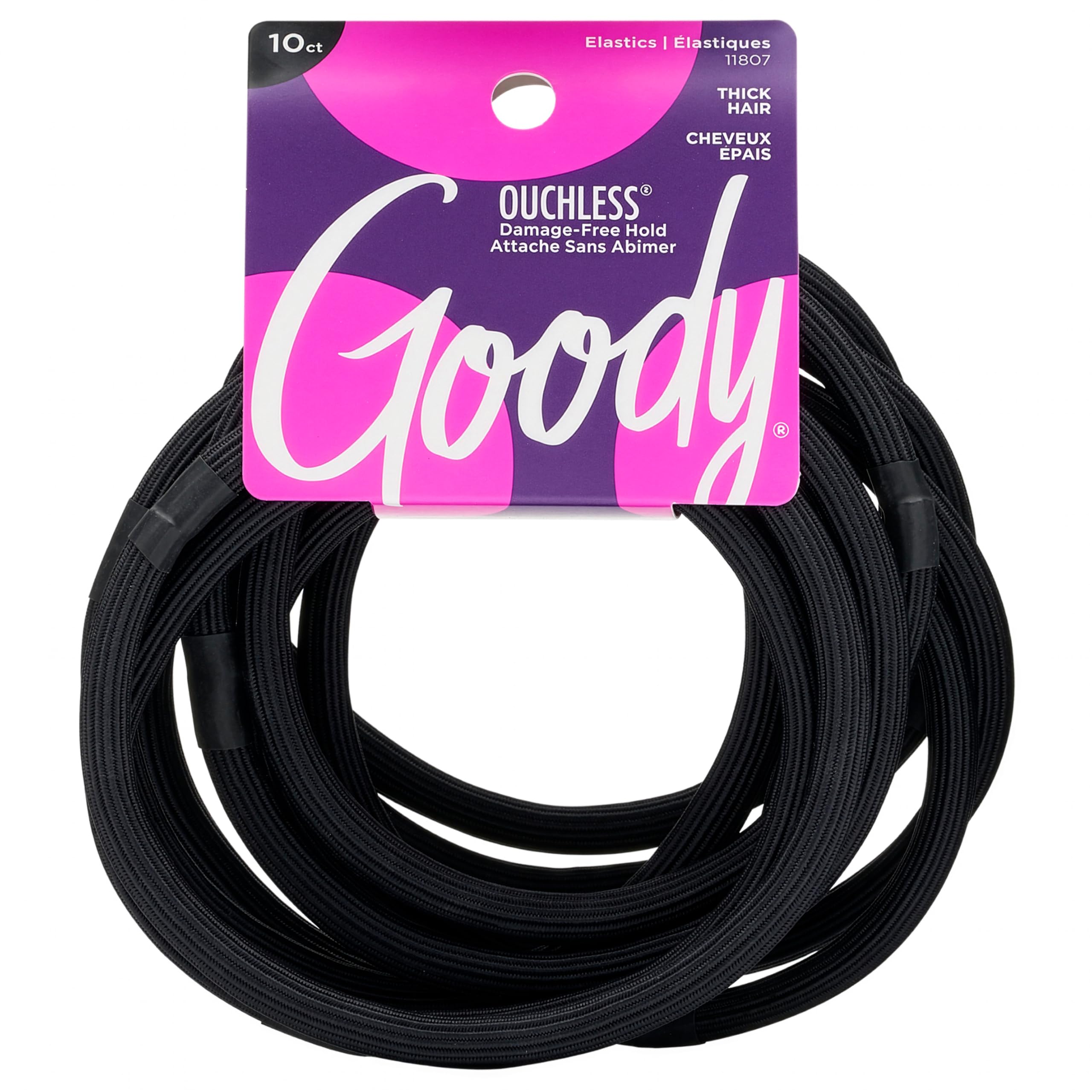 Goody Ouchless XL & Extra Thick Hair Elastics - Black Hair Ties for Women, No Damage, Strong Hold for Thick Hair, Curly or Textured Styles - 10 Count, Gentle & Secure Ponytail Holders