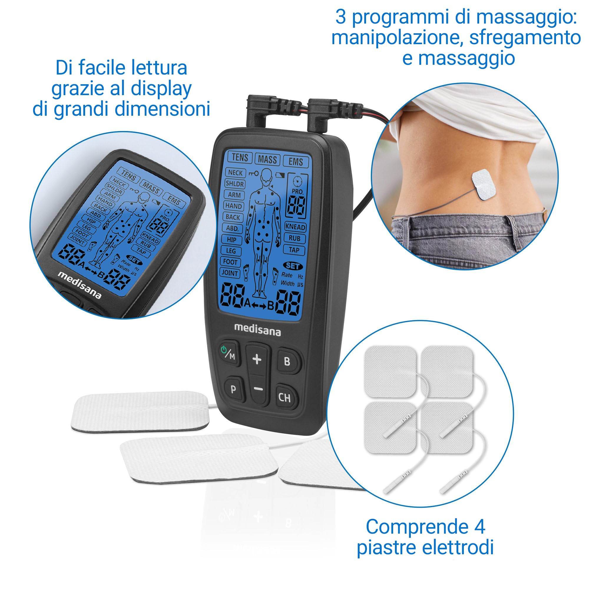 medisana TT 205 TENS apparaat, EMS stimulatiestroom apparaat | 60 programma's, elektrotherapie voor spierontspanning en pijnbestrijding op rug, nek, schouders, buik, heupen, 4 pads