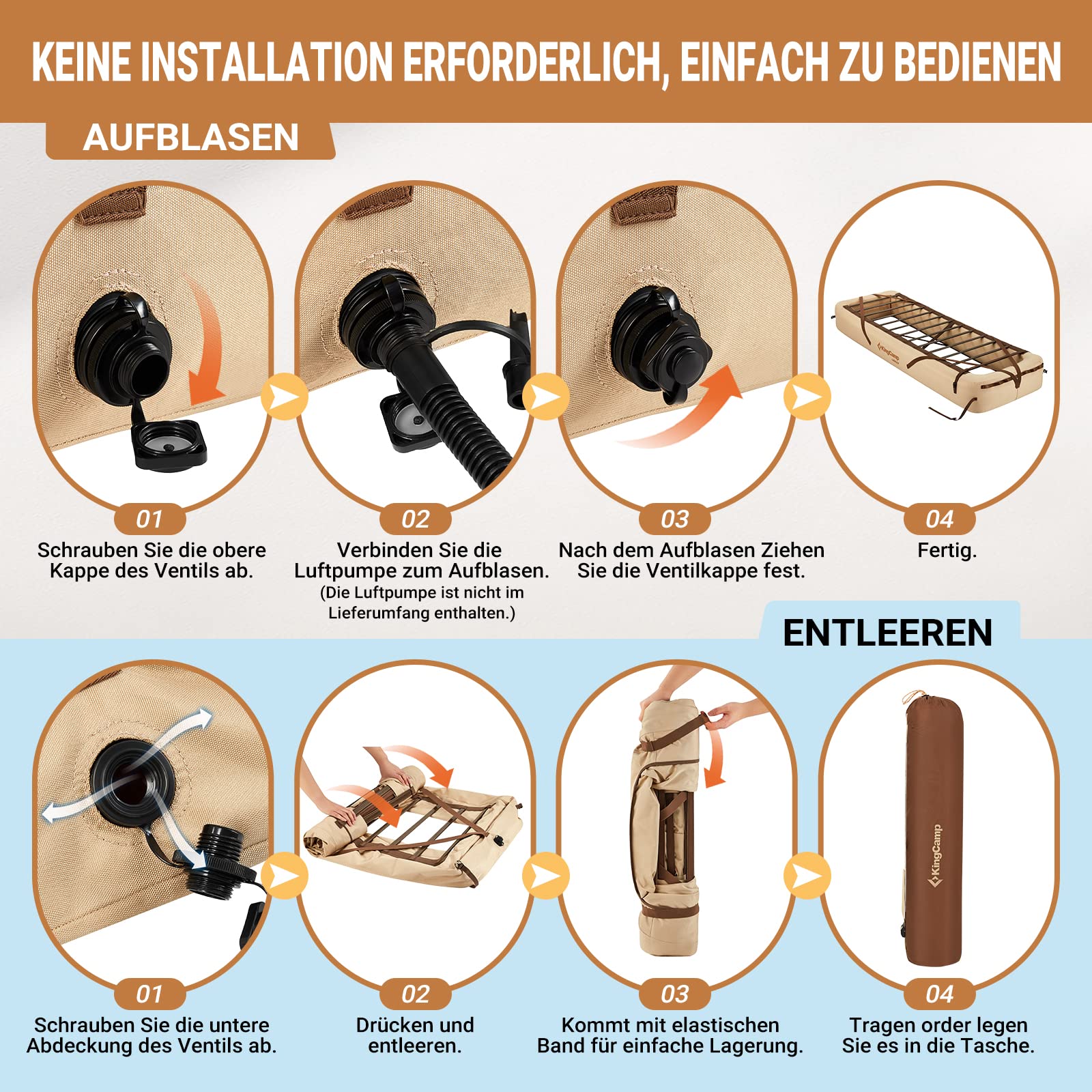 KingCamp Aufblasbares Campingbettgestell Luftsofa Feldbett Aufblasbares Bettgestell für Isomatte Matratze Leichtes und Tragbares Outdoor Reisebettgestell