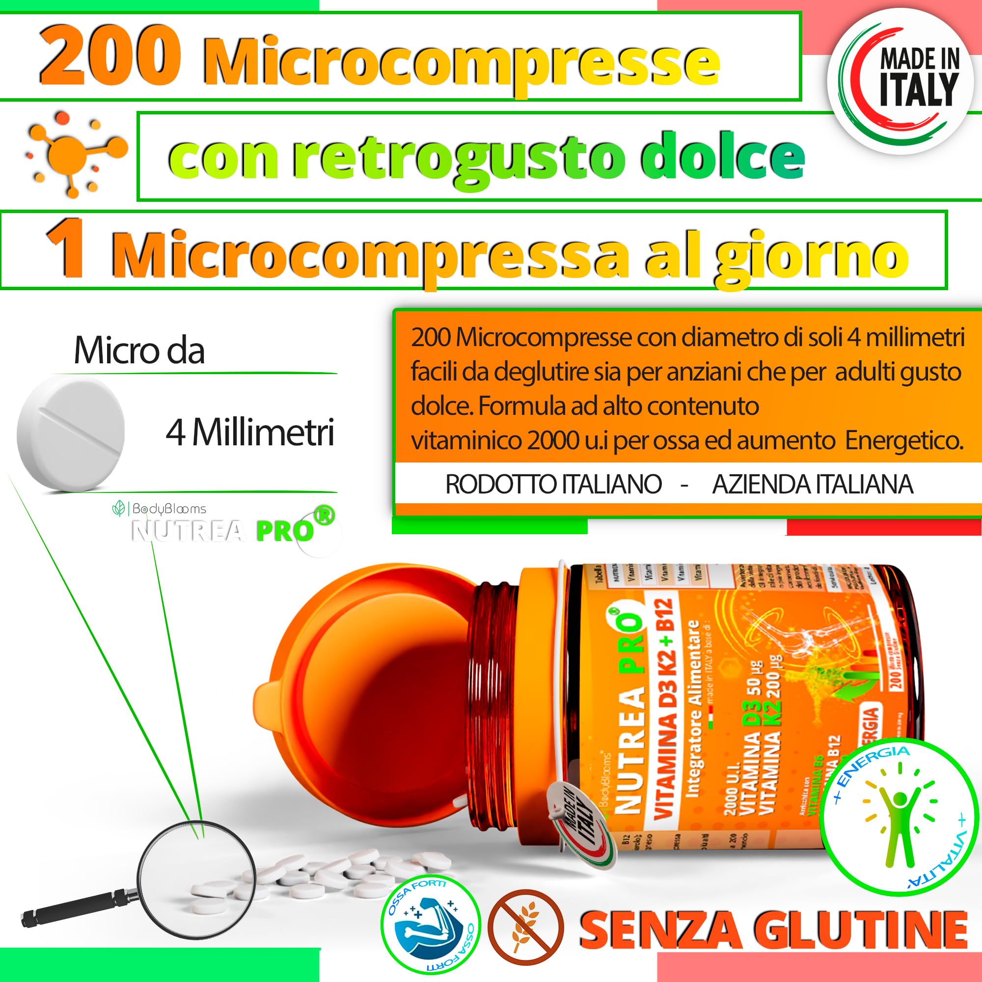 Vitamina d3 k2 2000UI - 200 Micro Compresse vit d3 k2 Arricchite con B12 e Acido folico. Supporto completo per ossa, muscoli ed energia - Integratore di Vitamina D senza glutine. Made in Italy