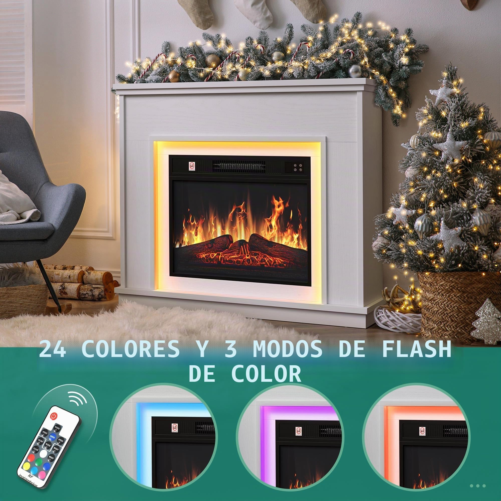 YITAHOME Chimenea Eléctrica Blanca 23″ con Efecto de Llama 3D y LED 24 Colores