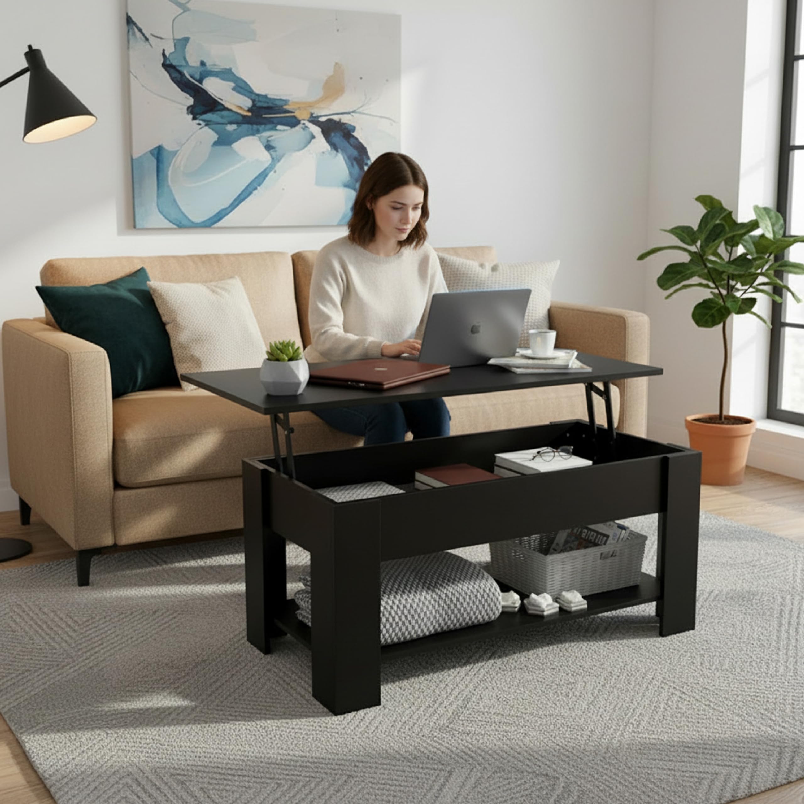 Baroni Home Tavolino da Caffè con Piano Sollevabile, Contenitore Interno, Tavolino Nero da Salotto Moderno con Ripiano, Tavolo Salvaspazio per Soggiorno, 100x40x41,5 cm
