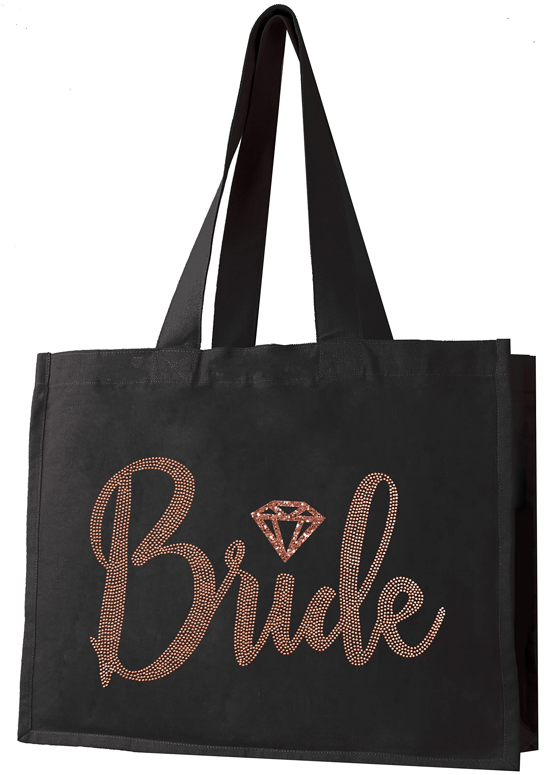 Bride Tote Bag - Rose Gold Rhinestud Diamond Bride Canvas Tote Bag - Wedding Day Bridal Accessories - Black(RGBrdDmd)