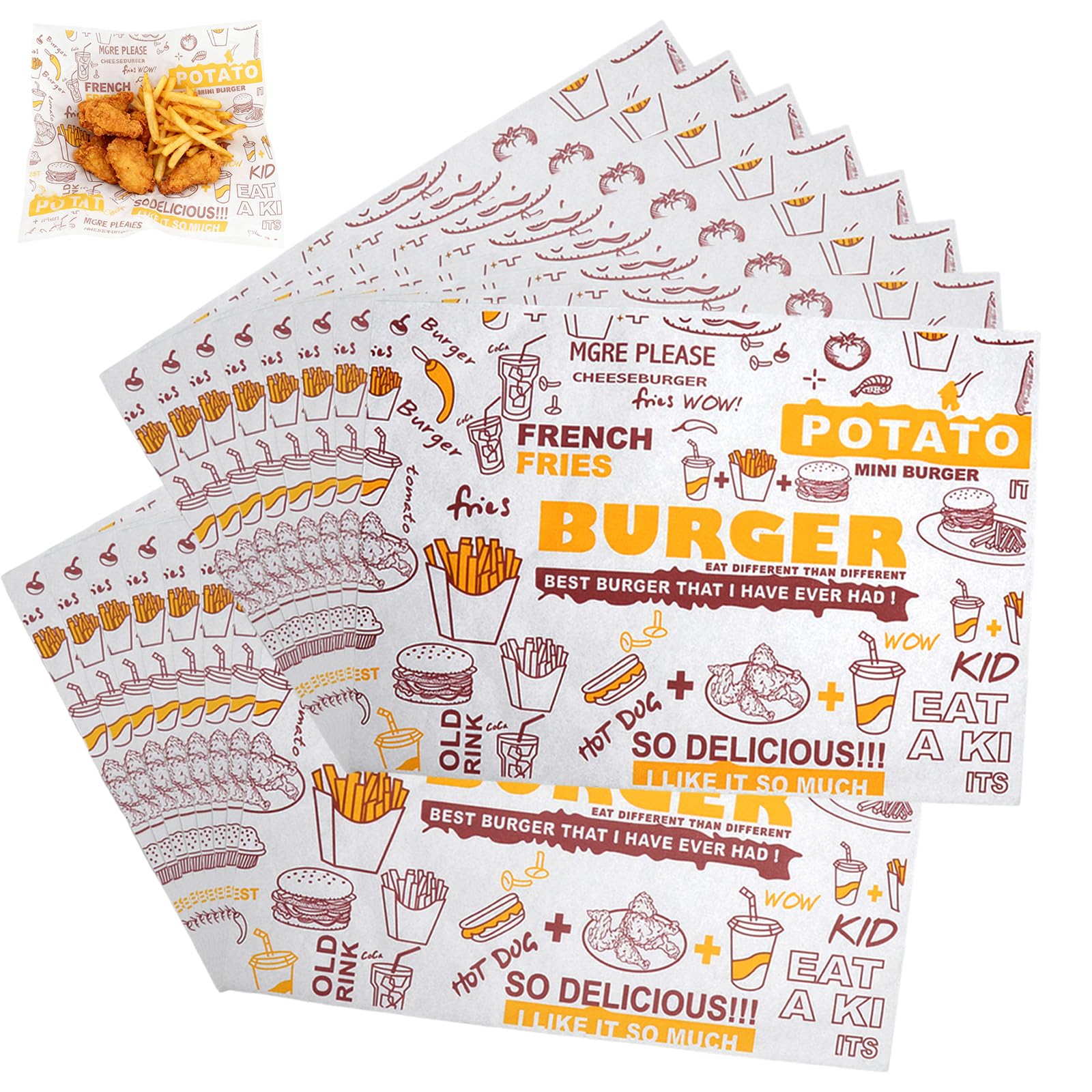 VOSSOT 100 arkuszy papieru do sera, 26 x 36 cm, papier woskowany do artykułów spożywczych, do chleba, serów, do burgerów, frytek, kanapek, masła, sera, 100 arkuszy