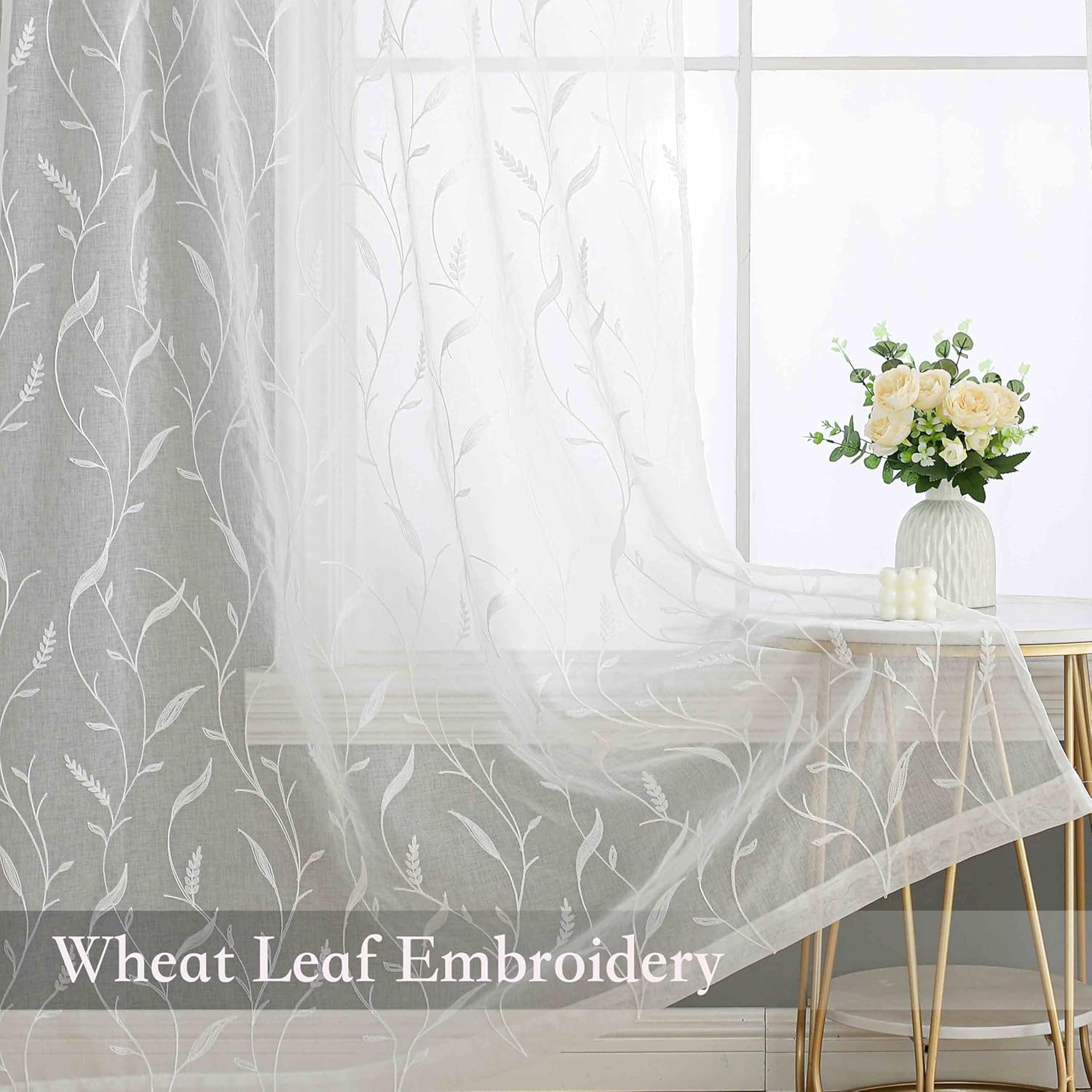 White Emboridered Sheer Curtains 84 Inches Long 2 Panels for Living Room Bedroom, Wheat Leaf Faux Linen Semi Sheer Farmhouse Curtain Rod Pocket Light Filtering Patterned Country Drapes