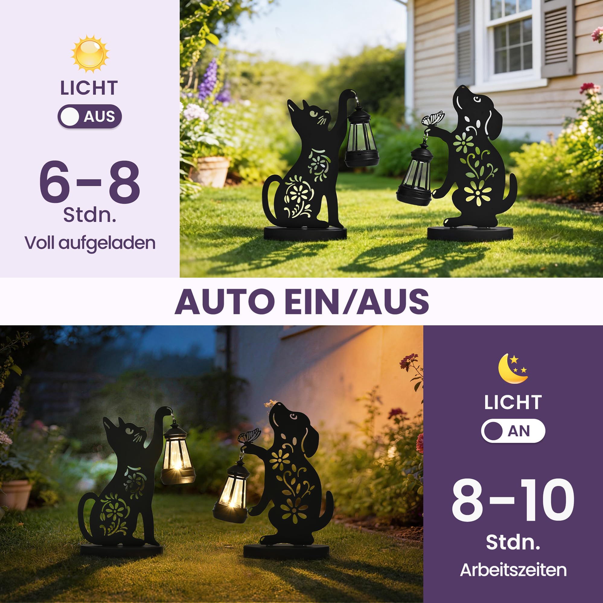 GIGALUMI Eiserne Katzen Hunde Statue Gartendeko, Geschenk für Mama, Geschenk für Frauen, Solar Katzen Hunde Gartendeko für Draußen Wetterfest, Outdoor Gartenstatuen Deko für Terrasse, Hof(2 Stück)