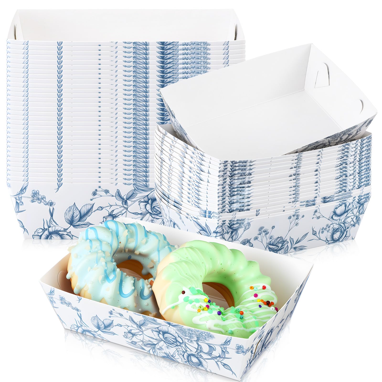 LemonRoad 80 Pcs Floral Paper Food Trays, Disposable Food Boats, Nacho Boat Trays, Kraft Serving Tray Boats Plates for Birthday, Wedding, Baby Shower Party Supplies (Blue,Floral) Floral Blue