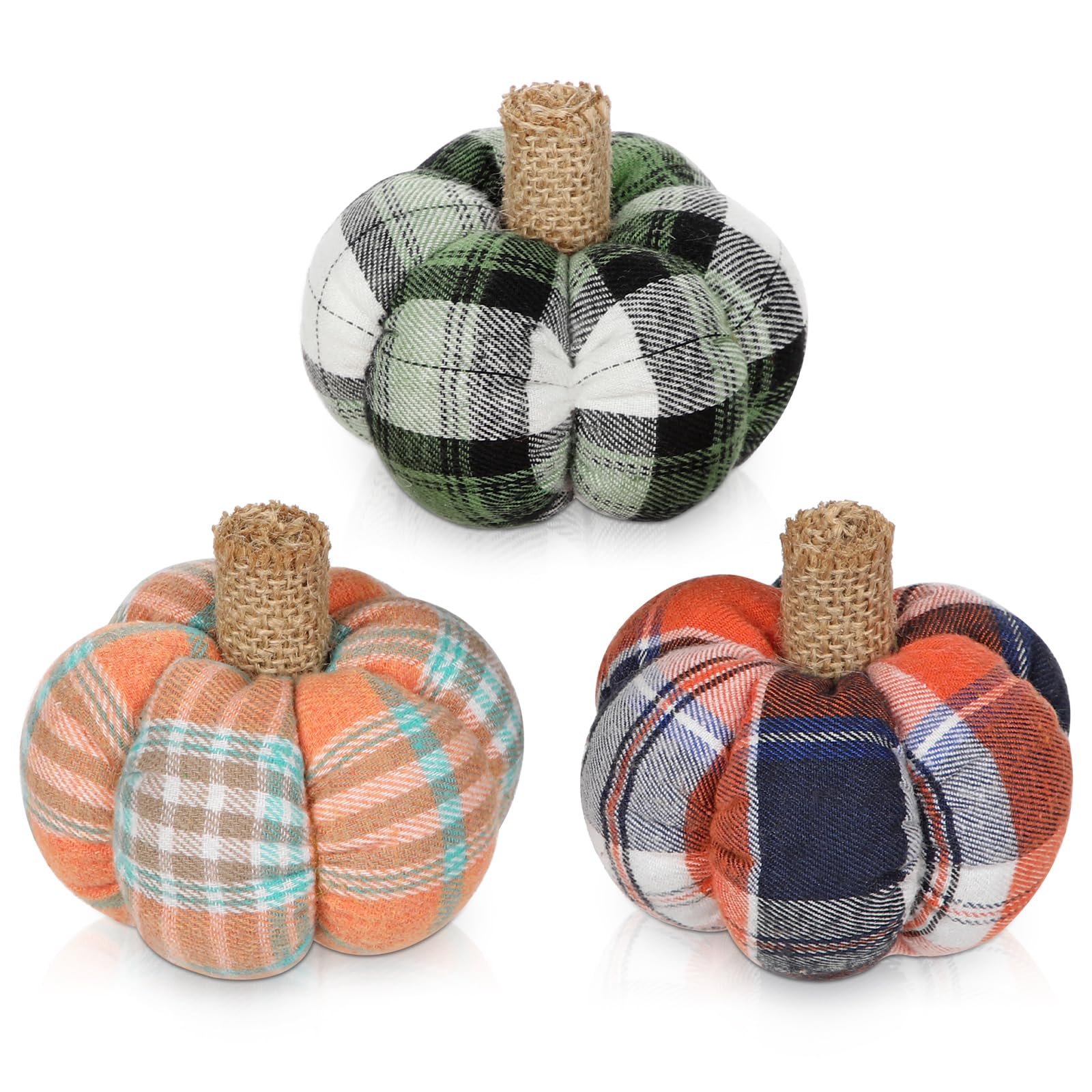 Lot De 3 Mini Citrouilles En Tissu à Carreaux Avec Tige Jute - Déco Automne, Halloween, Thanksgiving - 9 Cm