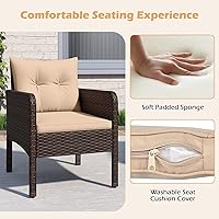Vista 5 de Tangkula Juego de 3 piezas de muebles de patio de mimbre PE, juego de conversación de bistró al aire libre con cojines y mesa de centro de vidrio