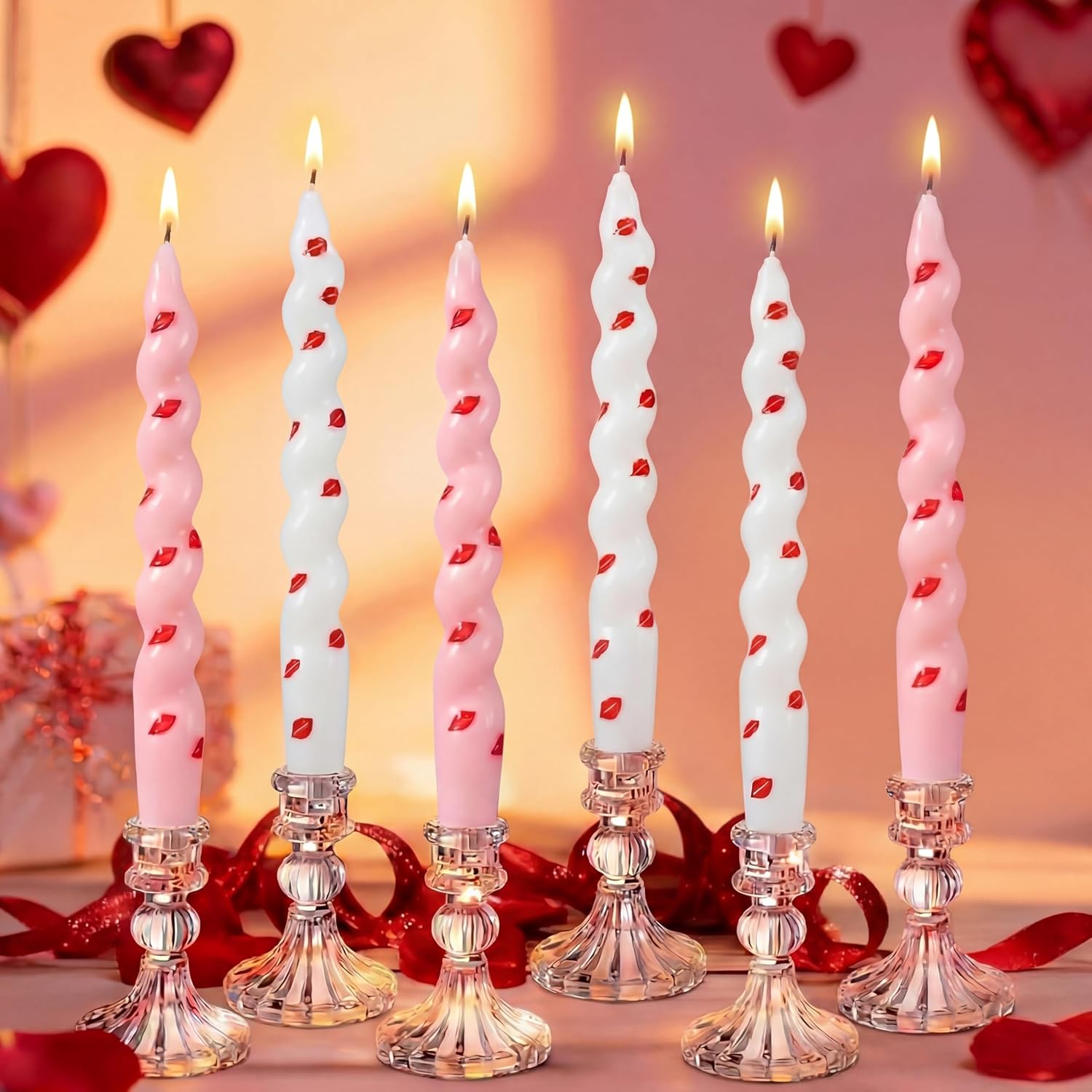 Threlaco 12 Pcs Valentine Taper Candles 10 Inch Heart Candlesticks Red Pink and White Heart Candles Valentine Galentine's Day Table Decoration for Dinner, Birthday, Wedding, Anniversary Party