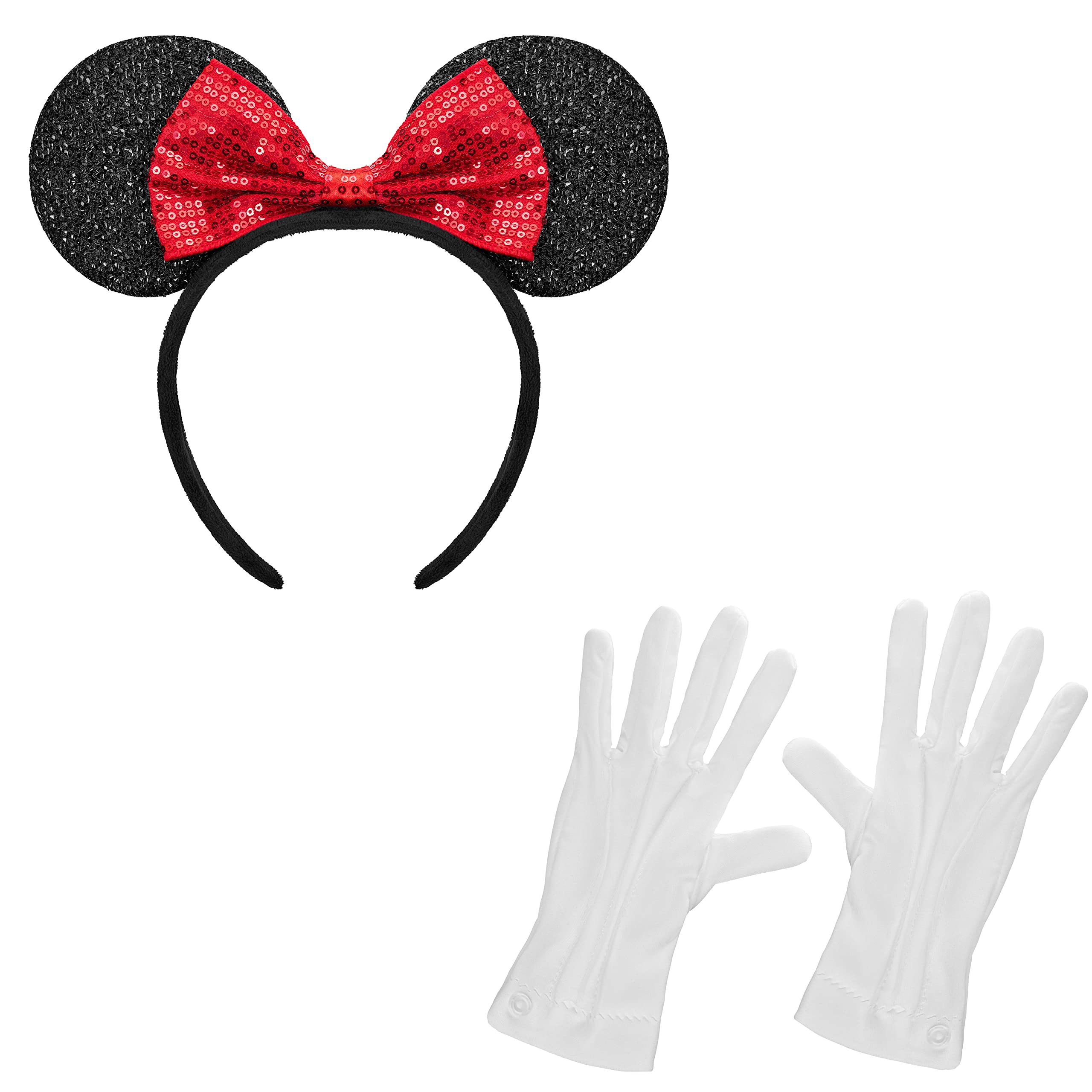 Balinco Orejas de Ratón con Lazo + Juego de Guantes, Negro, Blanco, Rojo, Lazo para el pelo, Accesorios para el pelo, Accesorios para fiestas, Disfraces de Carnaval de Mujer, Disfraces de Carnaval