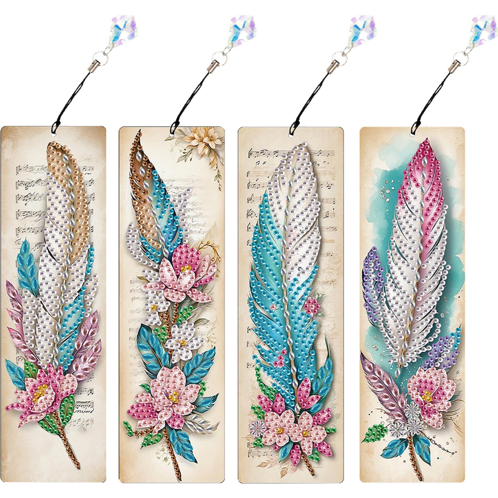 4PCS Feather Diamond Art Painting Bookmarks for Adults, DIY Bookmark Kit with Tassel & Pendant, Special Shaped Rhinestone Art Craft Gift for Book Lovers, Beginners Relaxing Hobby Supplies