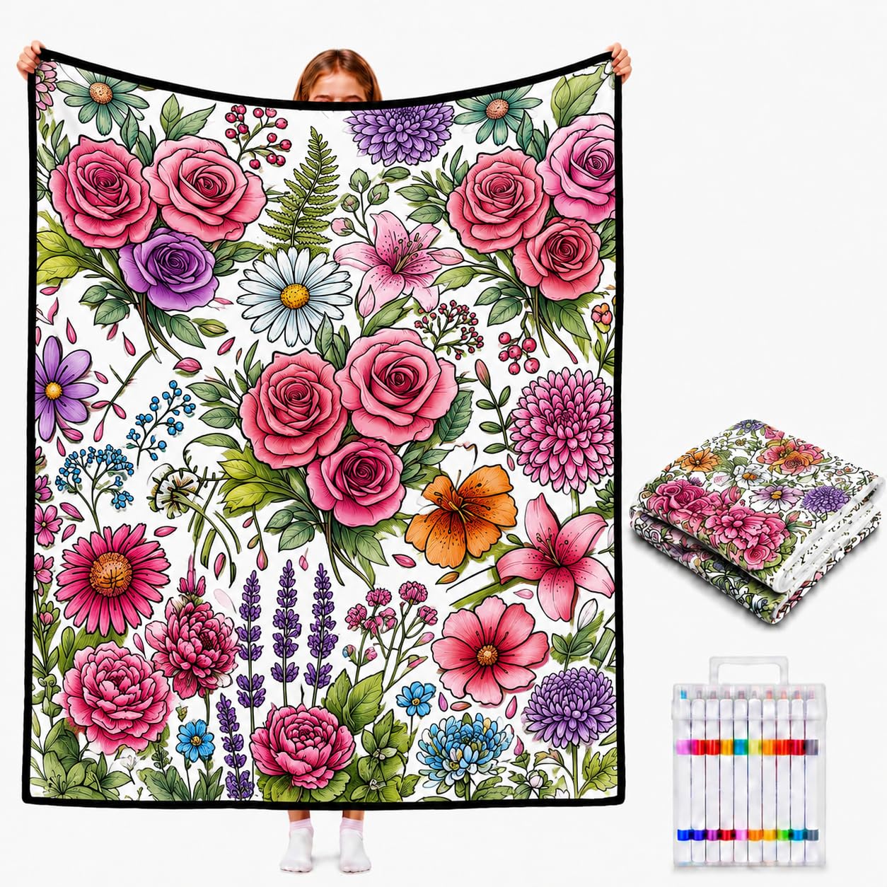 VEELU DIY Colouring Blanket for Adults with 24 Colour Markers, Colour Your Own Throw Blanket, Fun Creative Stress Relief Activity, Home Decor Perfect Birthday Gifts for Women Friends Family (Flower) โ image 1