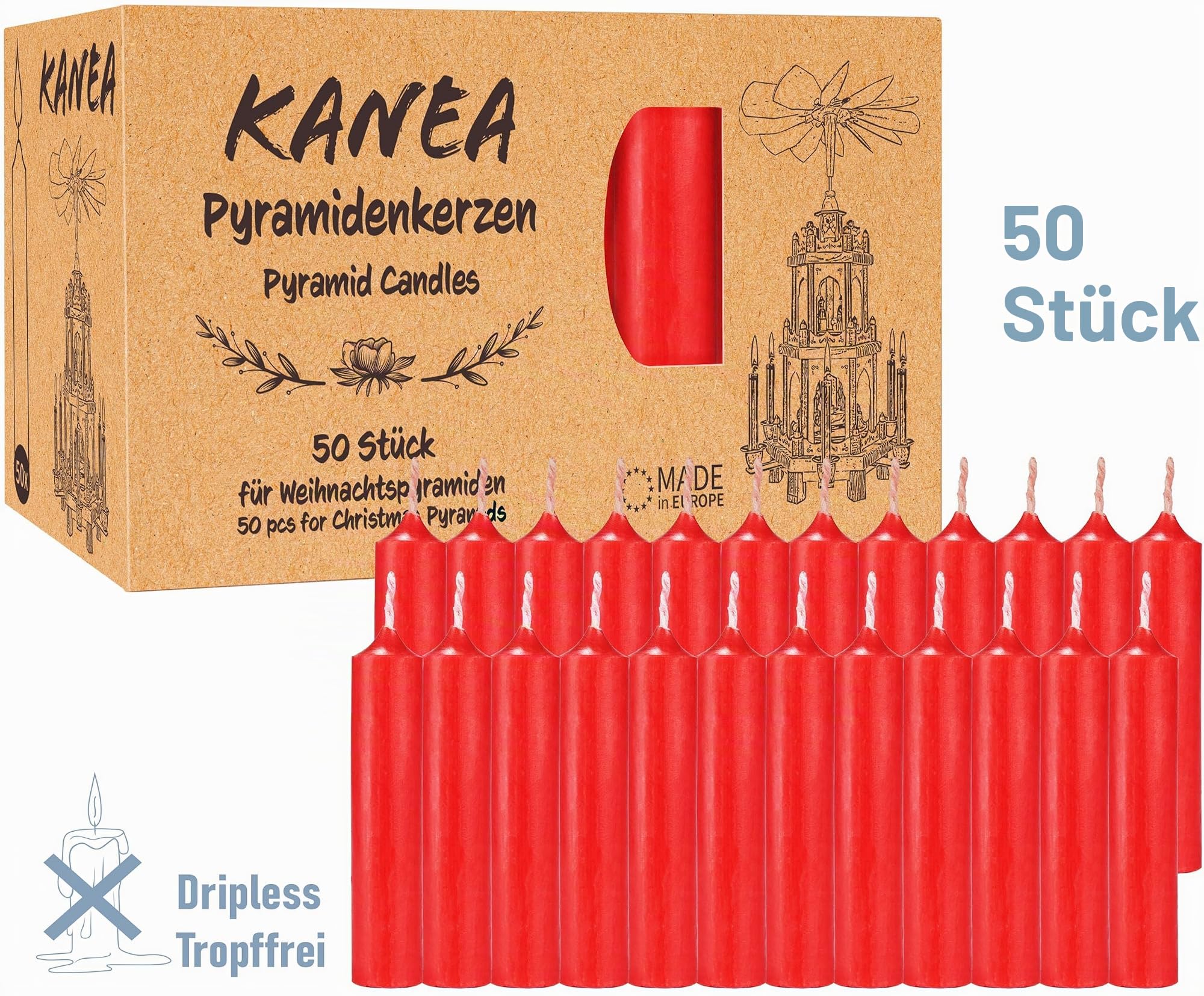 BRUBAKER Weihnachtspyramide inkl. 50er Pack Pyramidenkerzen Rot - 30 cm Holzpyramide Weihnachtsbaum mit Winter Szene - 1-stöckige Pyramide Weihnachten - Tischpyramide mit Holz Figuren Handbemalt