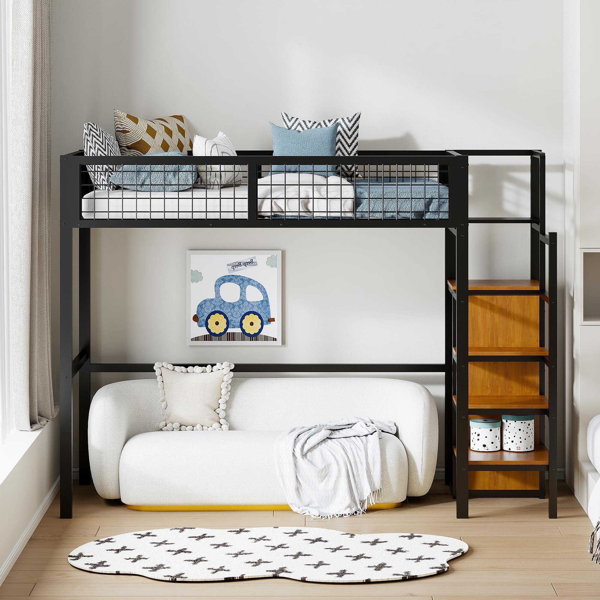 Moimhear Letto A Soppalco In Metallo 140x200 Cm Con Scrivania E Librerie – Bianco – Per Bambini, Ragazzi E Adulti