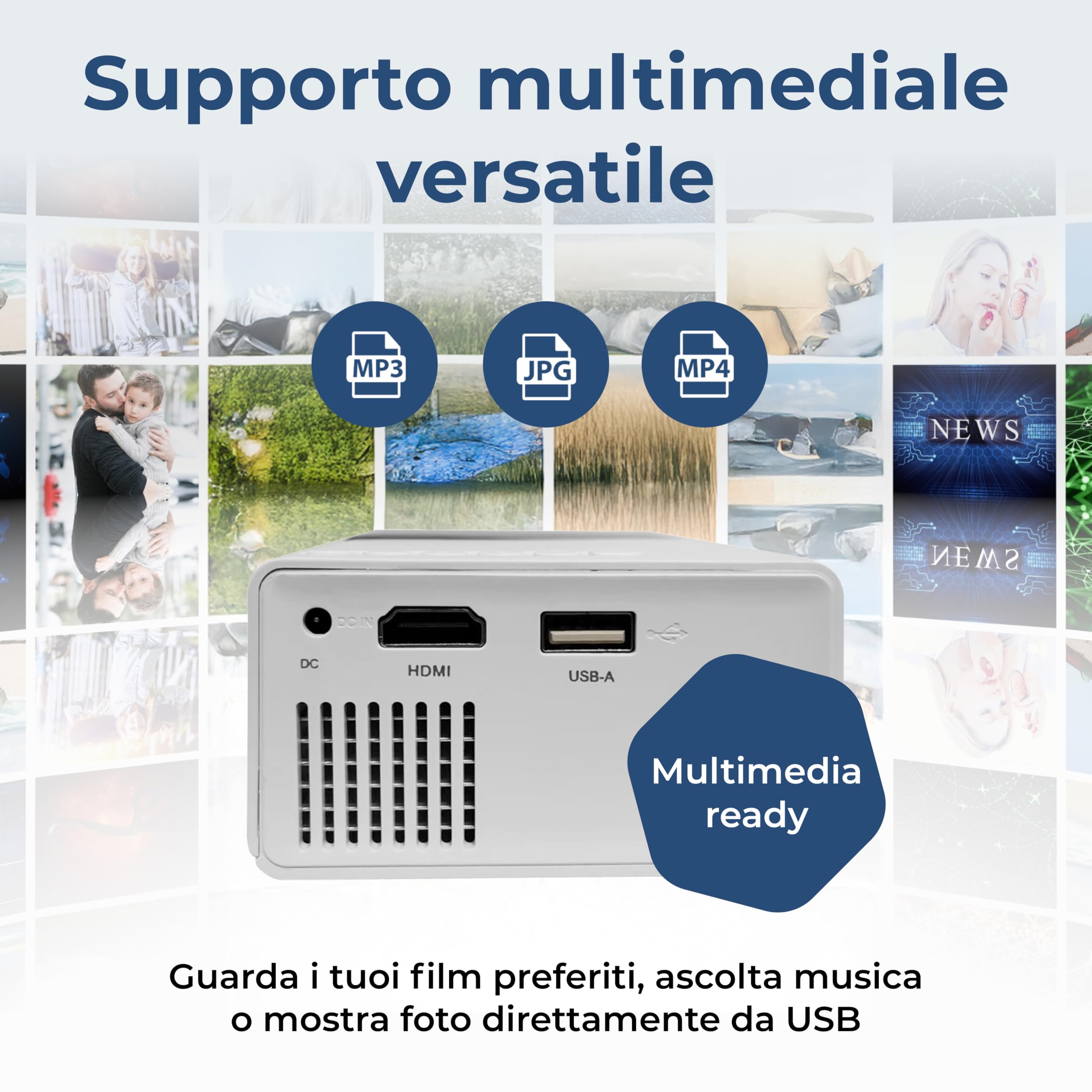 Denver PR-1000 Mini Proiettore LED Portatile Supporta Full HD 1080p con HDMI, USB-C e MicroSD, Proiettore Home Cinema Compatto 20-60 Pollici Dimensioni Schermo