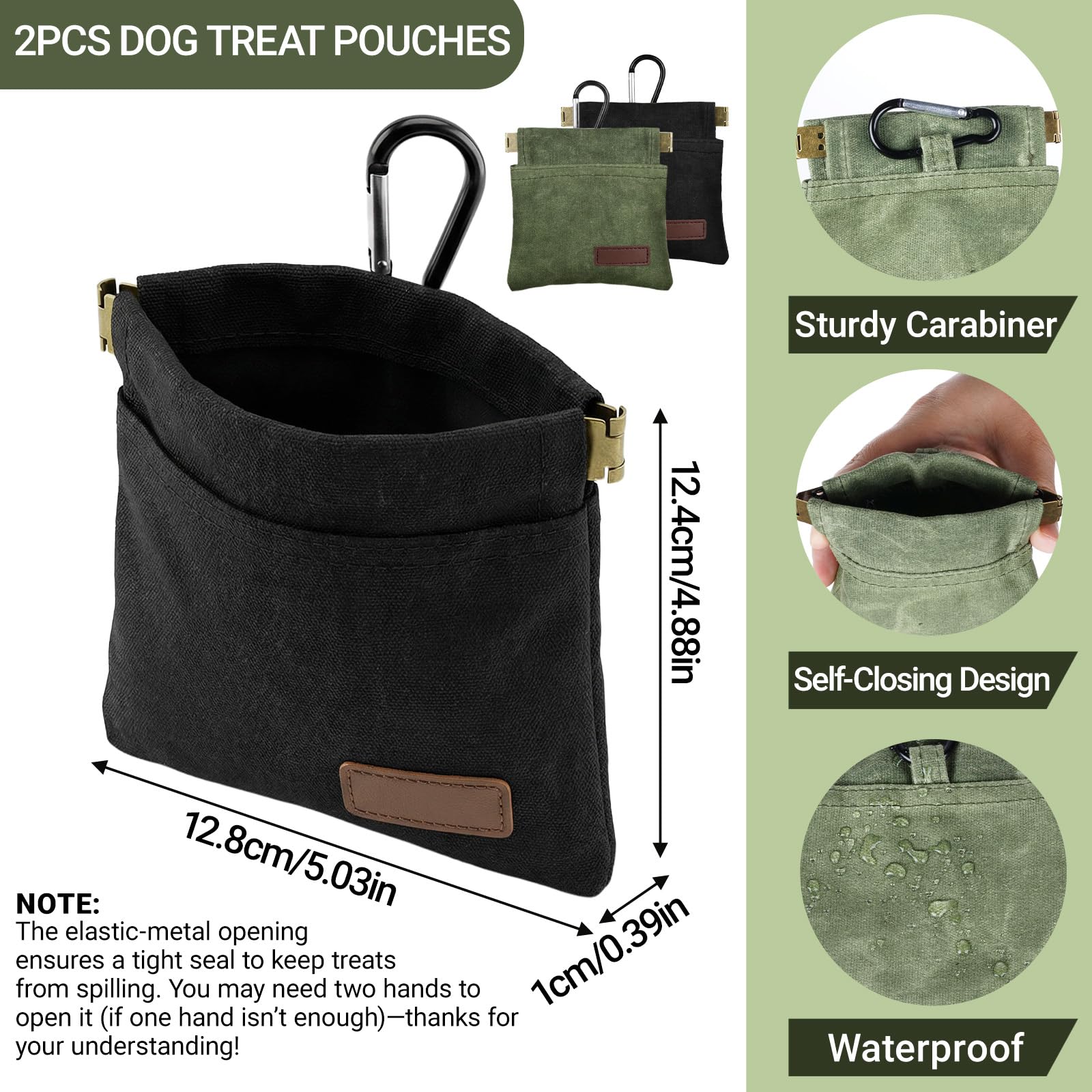 Leckerlibeutel für Hunde, freihändiges Hundetraining, Leckerlibeutel mit Karabiner, tragbare Haustierfutter-Snack-Tasche für Reisen oder den Außenbereich, selbstschließend, 2 Stück
