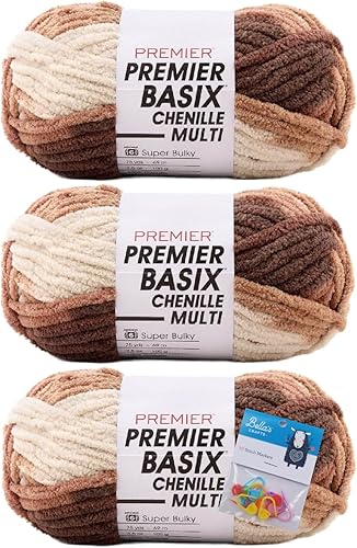 Miniatura 4 de Premier Yarns Basix - Ovillo de felpilla Brights, 5.3 onzas, peso súper voluminoso #6, paquete de 3 unidades con marcadores de puntada Bella's