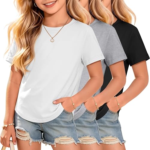 LessonZoo 3 Pack Girls Short Sleeve Cute Shirts, 3-Color, 5-6 Years